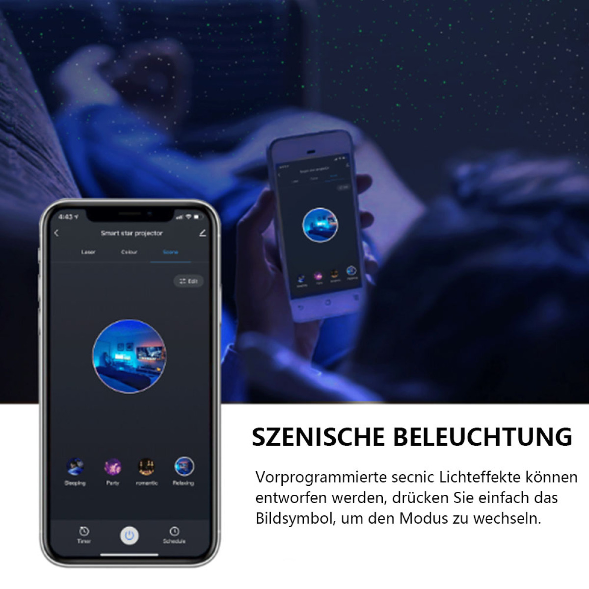 Person verwendet Telefon mit App, die einen Sternenhimmel-Projektor steuert. Nachtszene, blaues Licht.