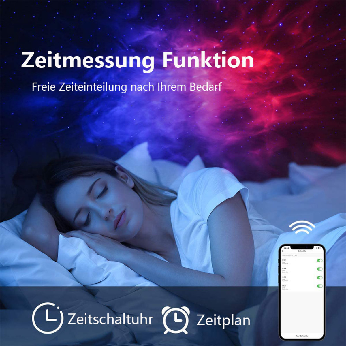 Schlafende Frau mit Galaxienprojektion. Smartphone mit Timer daneben.