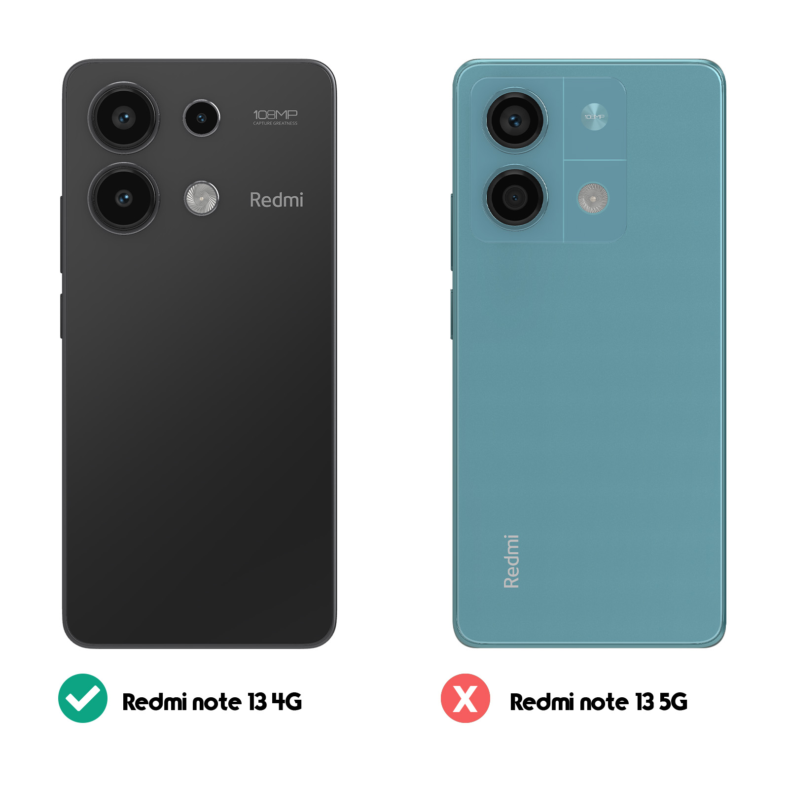 Due telefoni. Uno è nero ed etichettato Redmi note 13 4G. L'altro è blu ed etichettato Redmi note 13 5G.