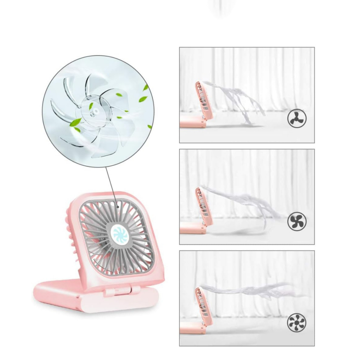 Rosa, zusammenklappbarer Ventilator mit grauen Flügeln und Nahaufnahme der transparenten Flügel. Der Windeffekt wird gezeigt.