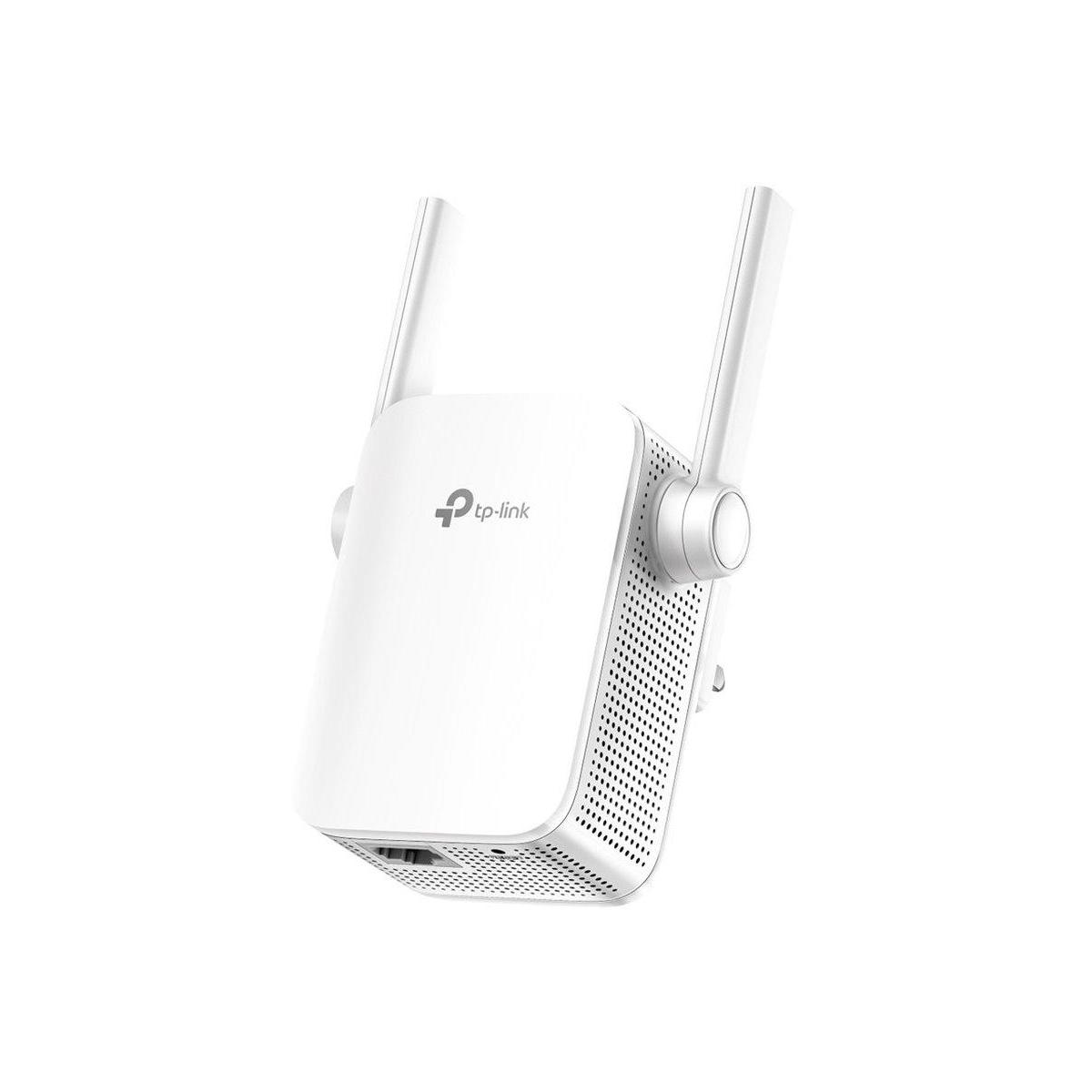 Weißer TP-Link Wi-Fi-Repeater mit zwei Antennen, isoliert auf weißem Hintergrund.