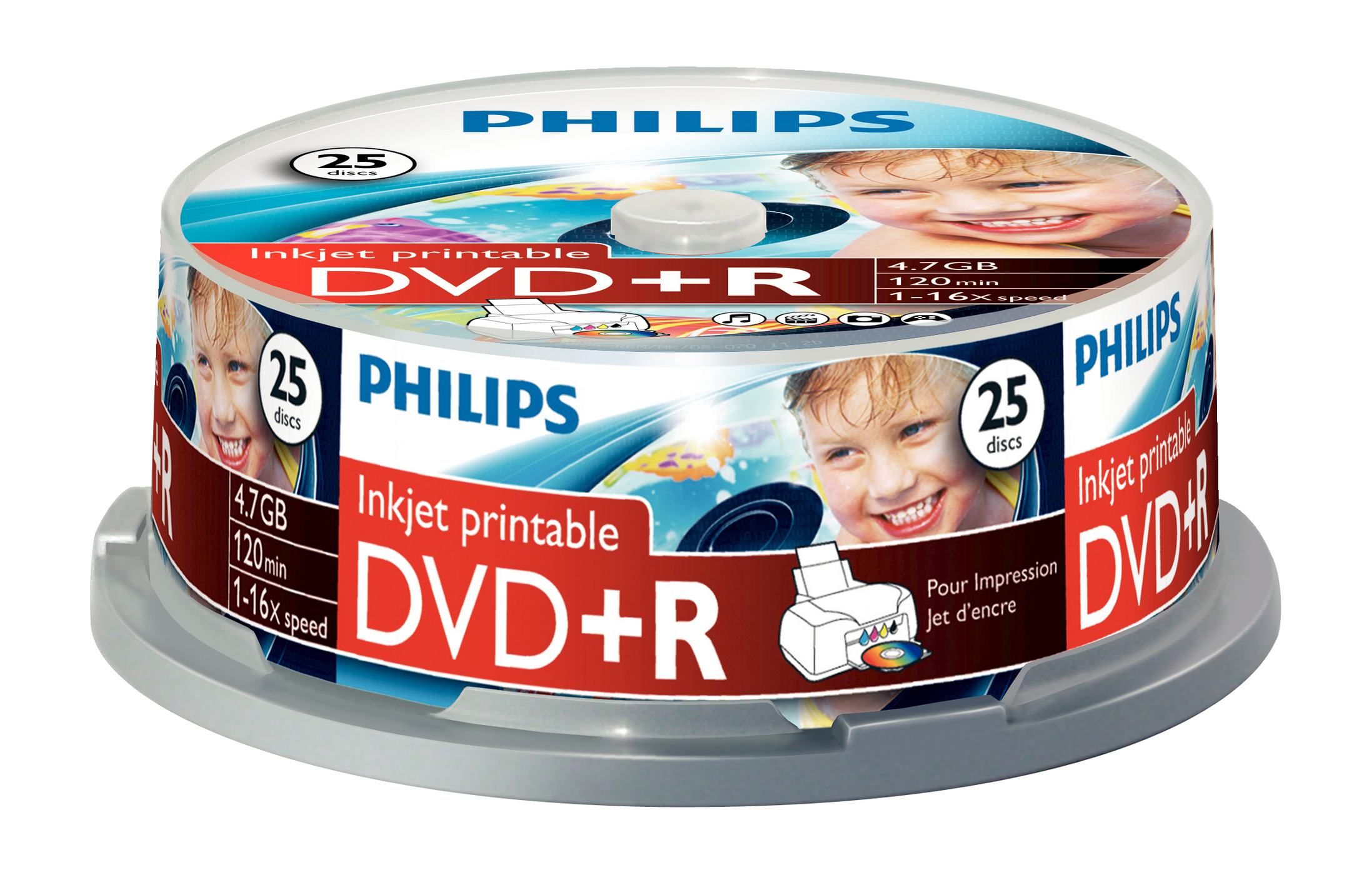 Paquete de discos DVD+R Philips con 25 discos, con imágenes infantiles y texto.