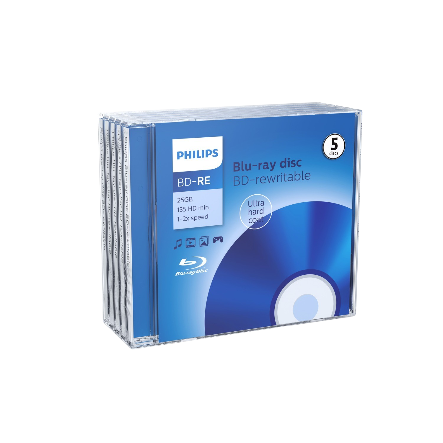 Pila de estuches de discos Blu-ray Philips. Discos azules visibles. Fondo blanco.
