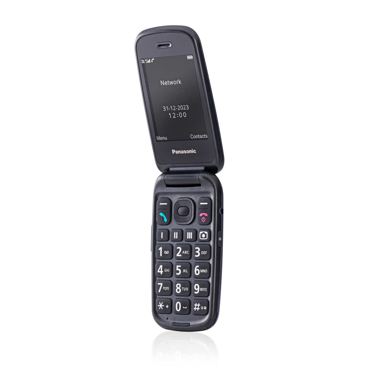 Black flip phone open, displaying network info, date and time.