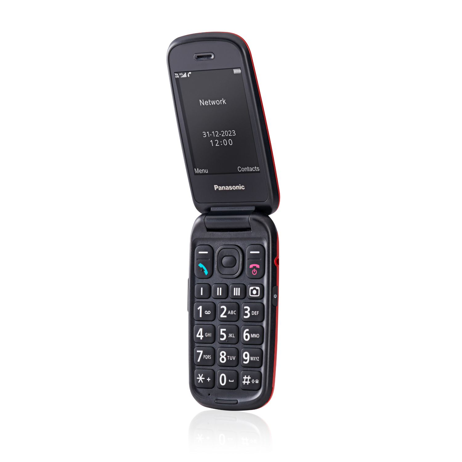 Klaptelefoon met rode rand, opengeklapt. Knoppen eronder. Panasonic logo.