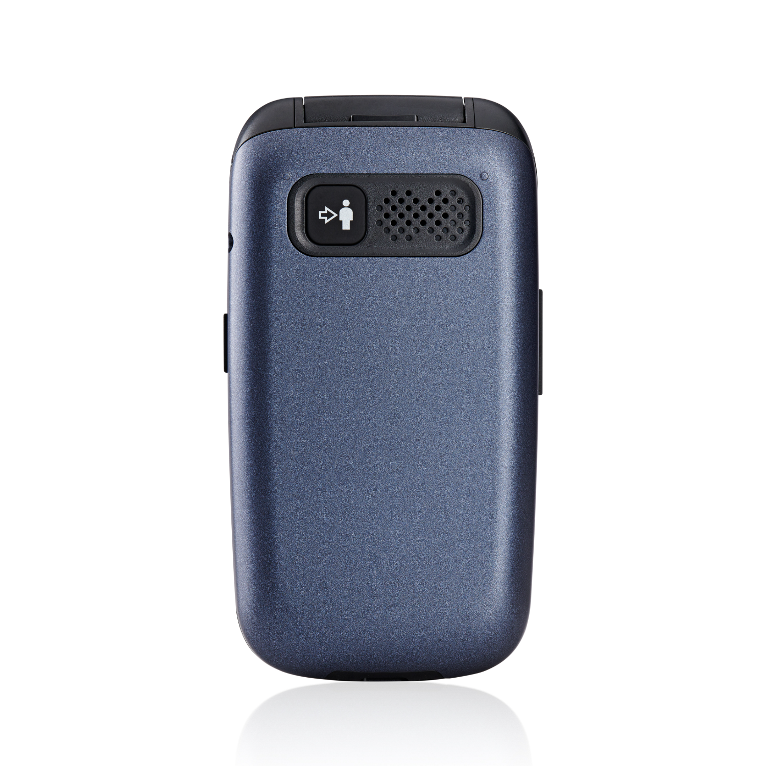 A blue flip phone with a speaker and a button with a person symbol.