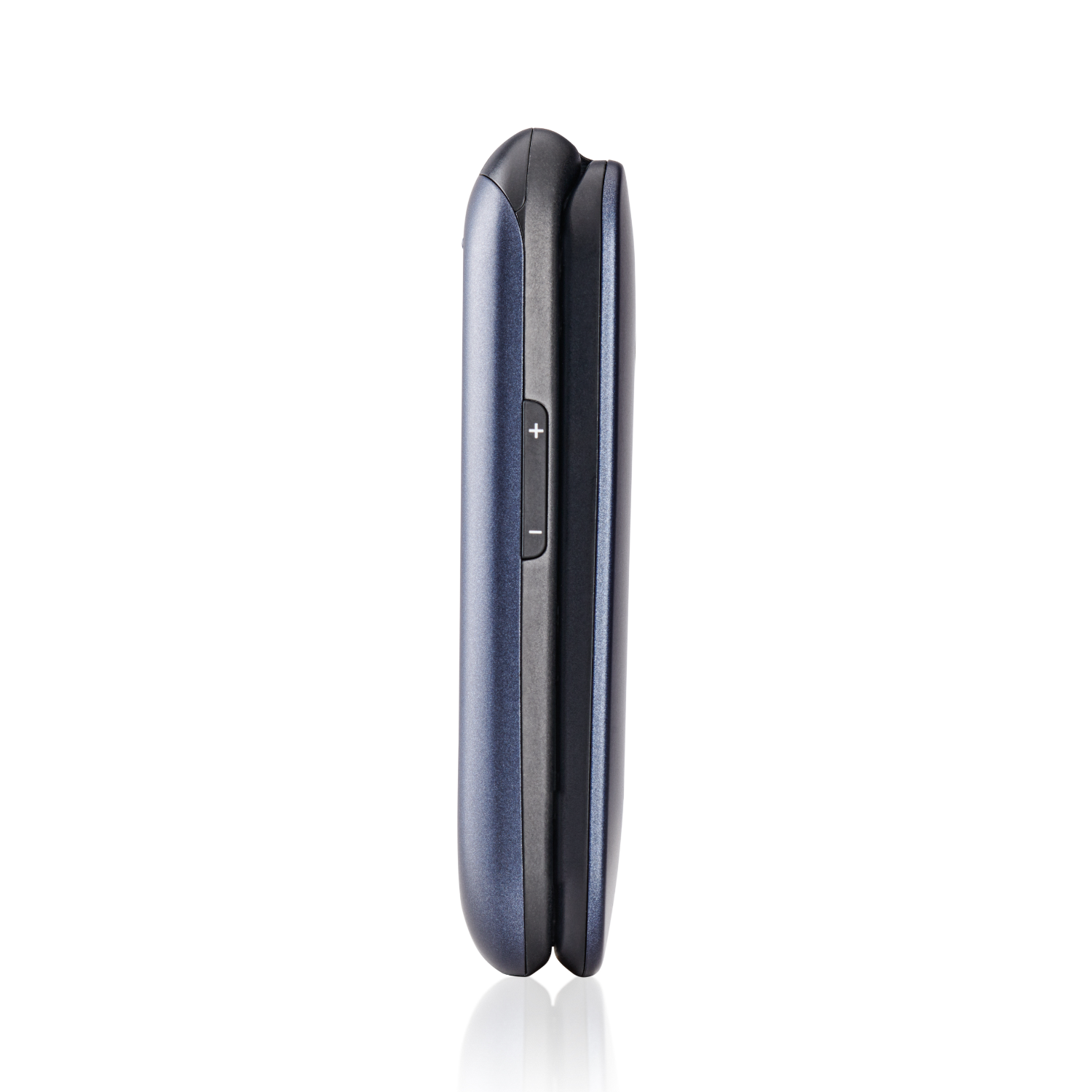 Side view of a closed, navy blue flip phone on a white background, with the volume buttons visible.