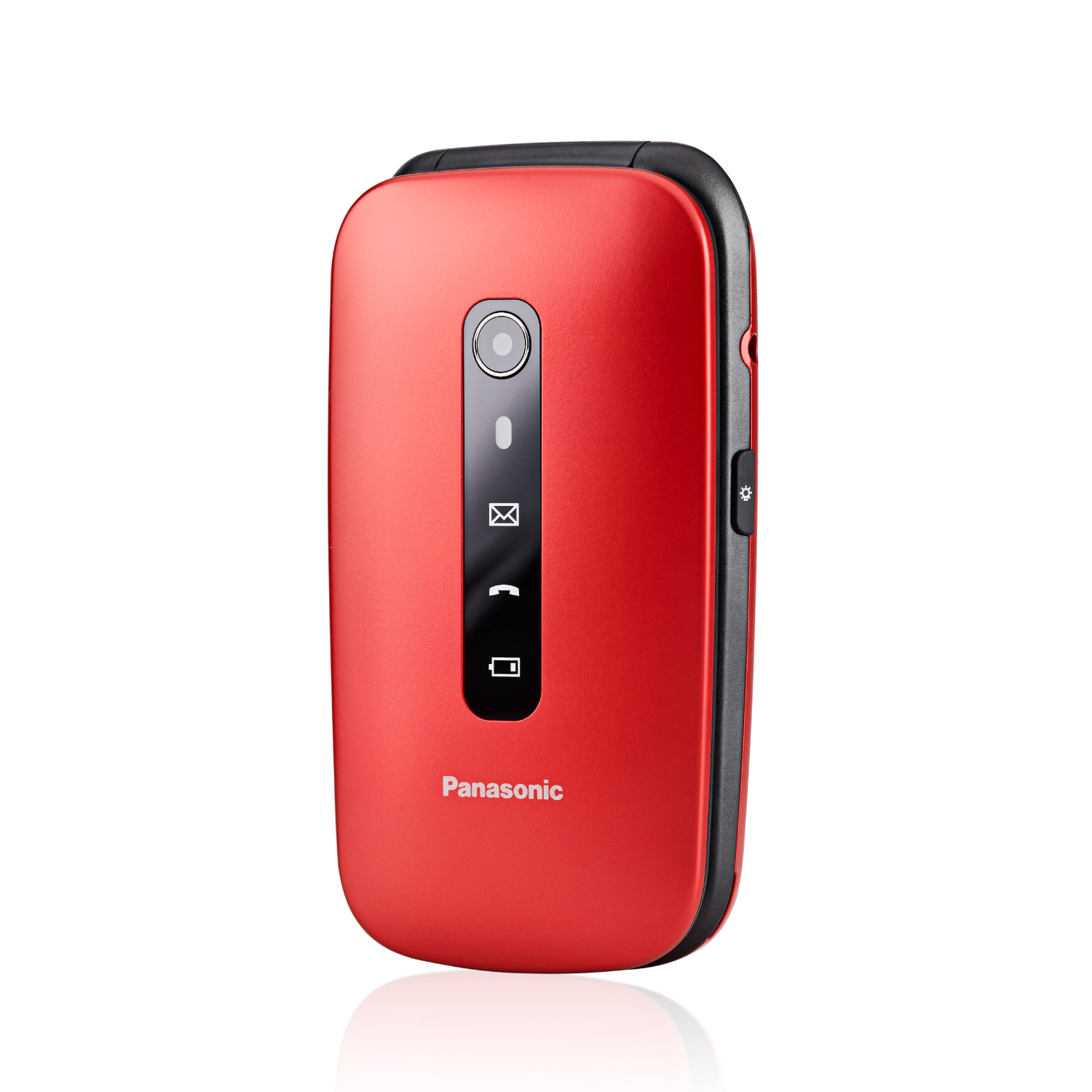 Een rode Panasonic klaptelefoon. Hij is dichtgeklapt en heeft een camera, een zwart scherm en de merknaam.