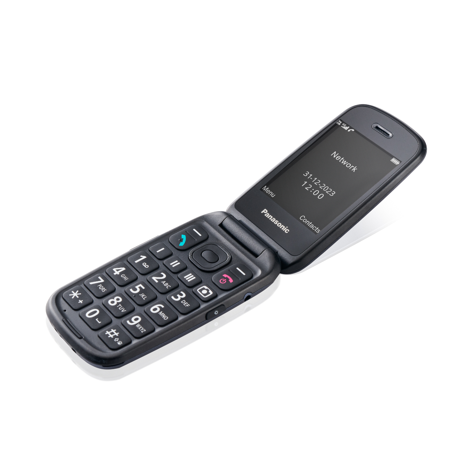 Black flip phone with open display showing time and network status. Buttons are visible.
