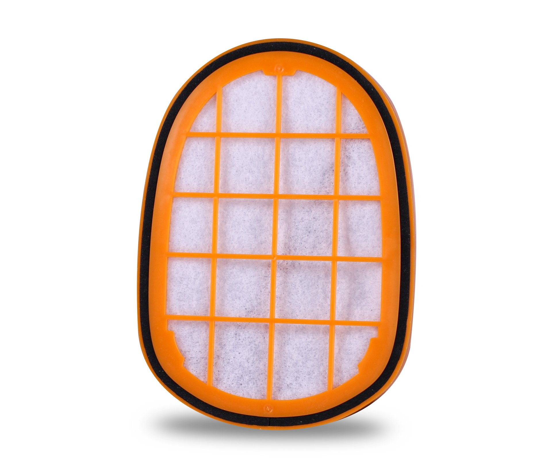 Ein orange-schwarzer Staubsaugerfilter mit Gittermuster auf weißem Hintergrund.