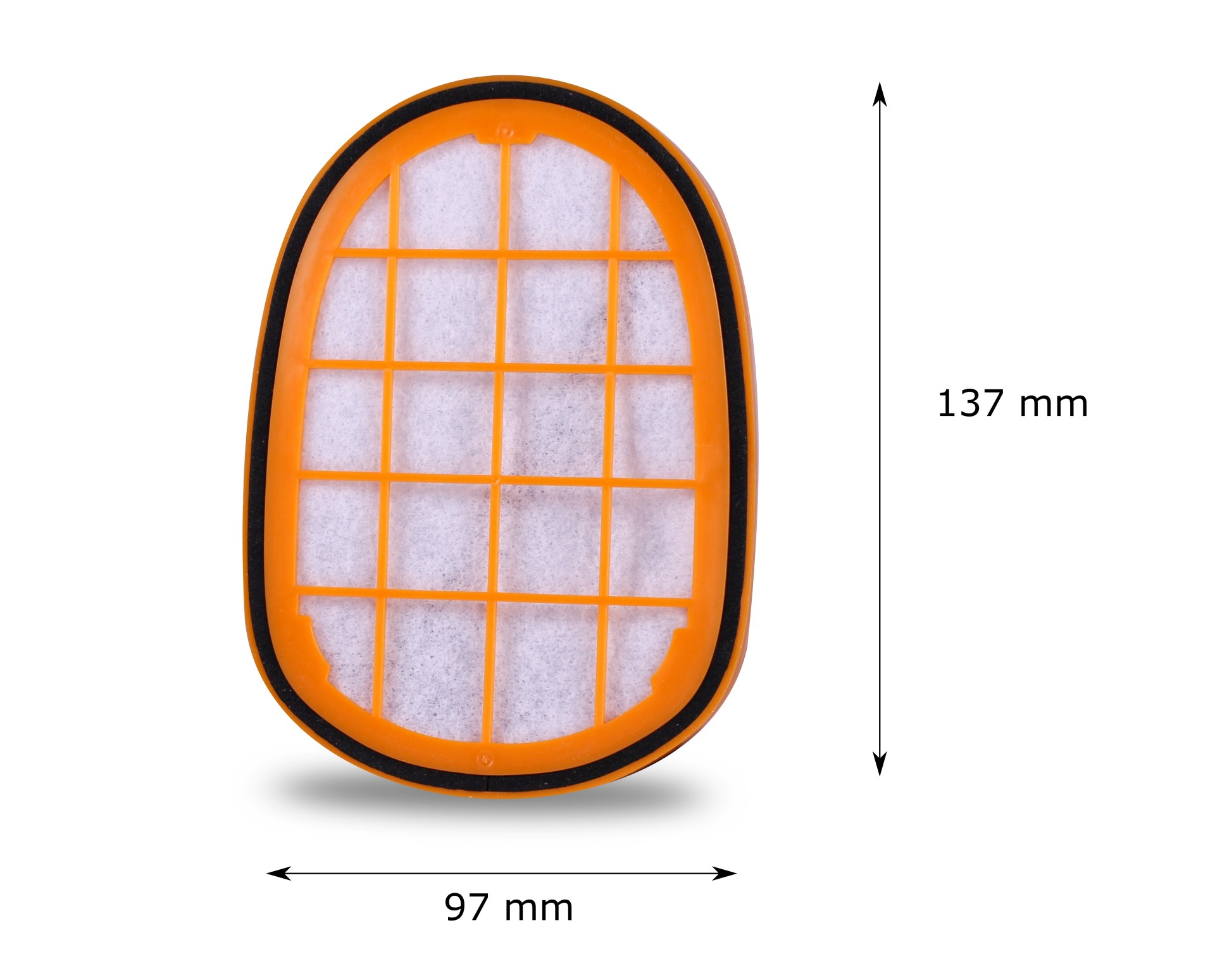 Ovaler Luftfilter mit orangefarbenem Rahmen und weißem Gitter. Maße: 97 mm x 137 mm.