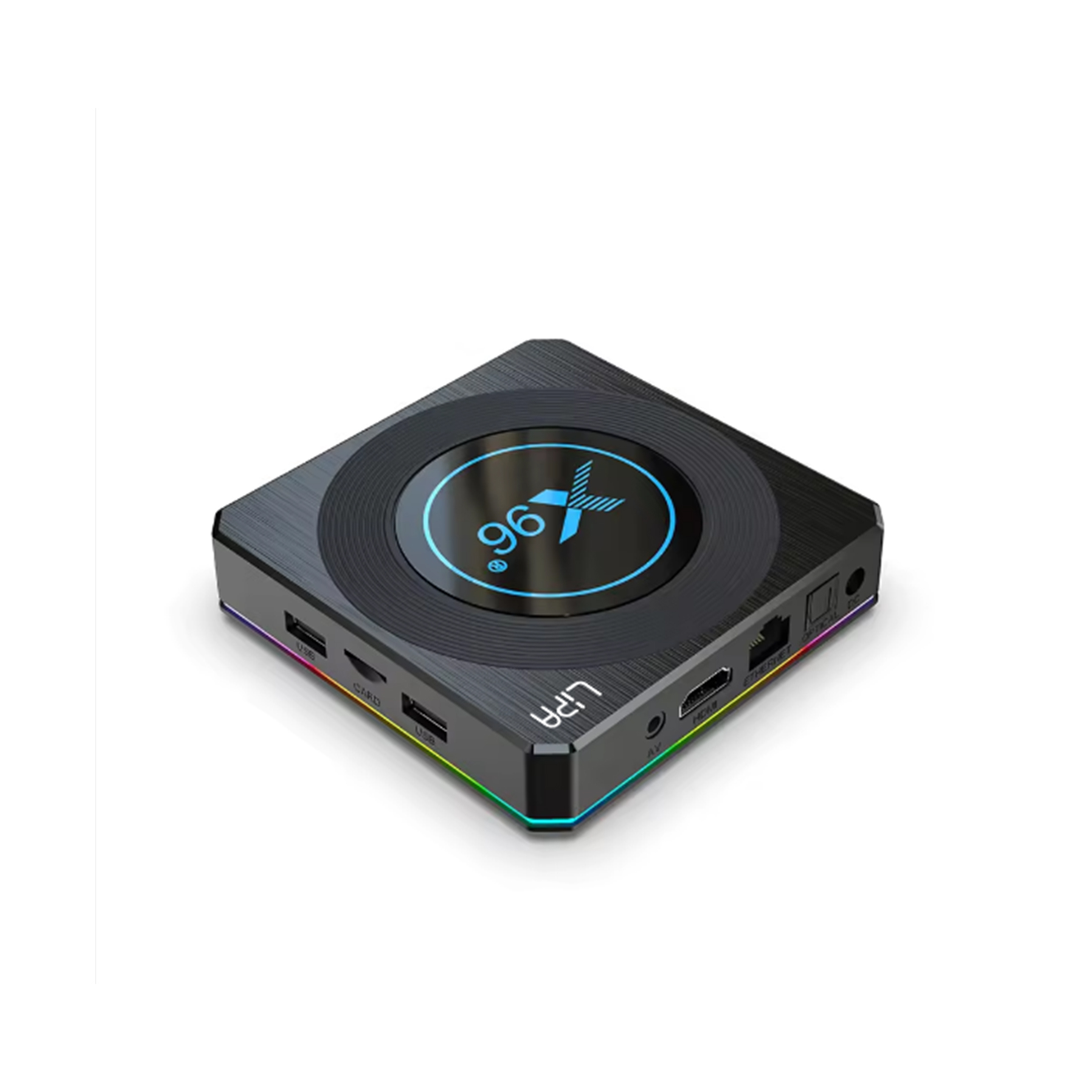 Widok izometryczny czarnego kwadratowego dekodera z niebieskim wyświetlaczem i kolorowymi diodami LED.