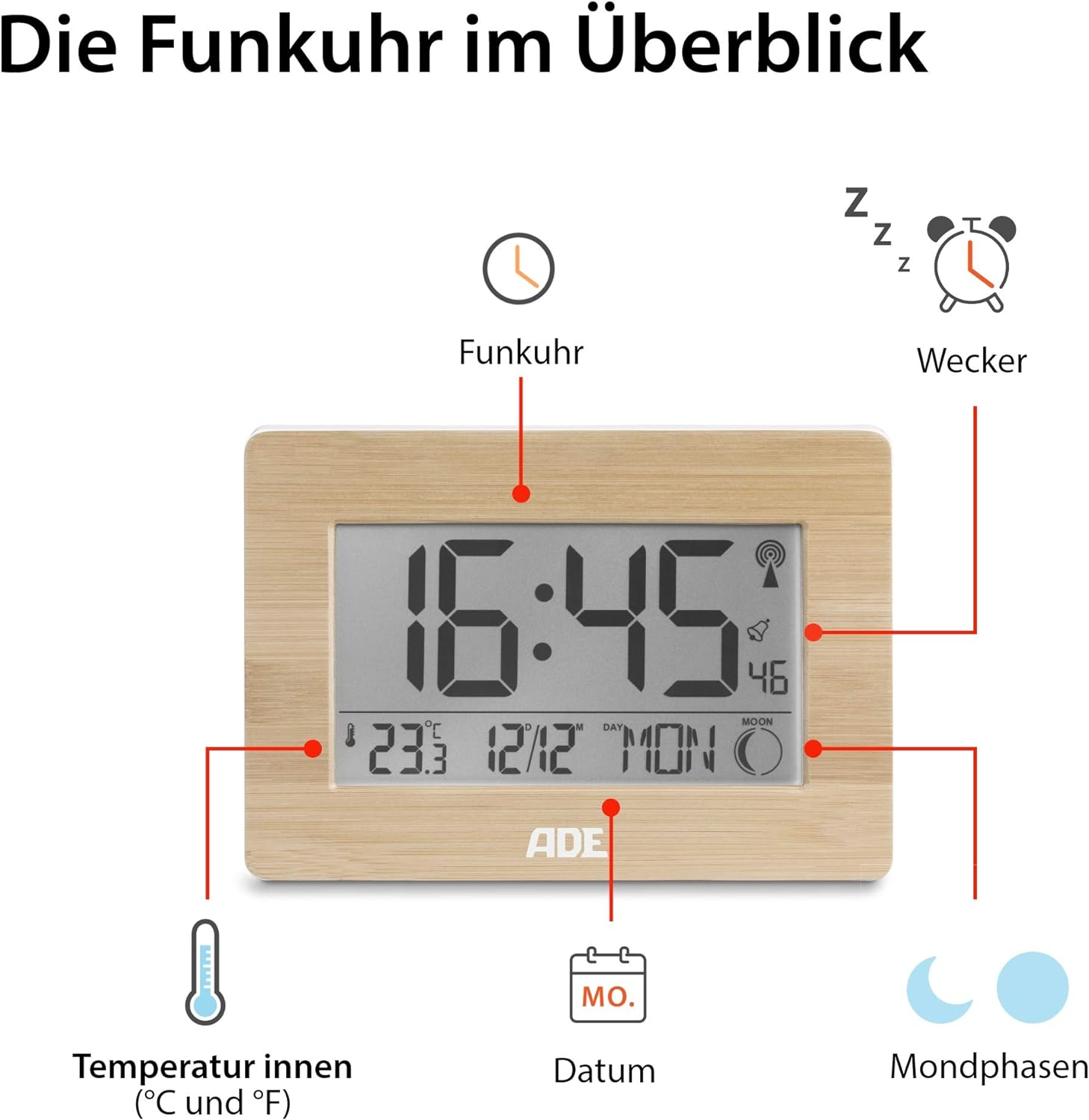 Eine Holzuhr mit Digitalanzeige für Uhrzeit, Datum und Temperatur. Symbole und Beschriftungen sind darauf platziert.