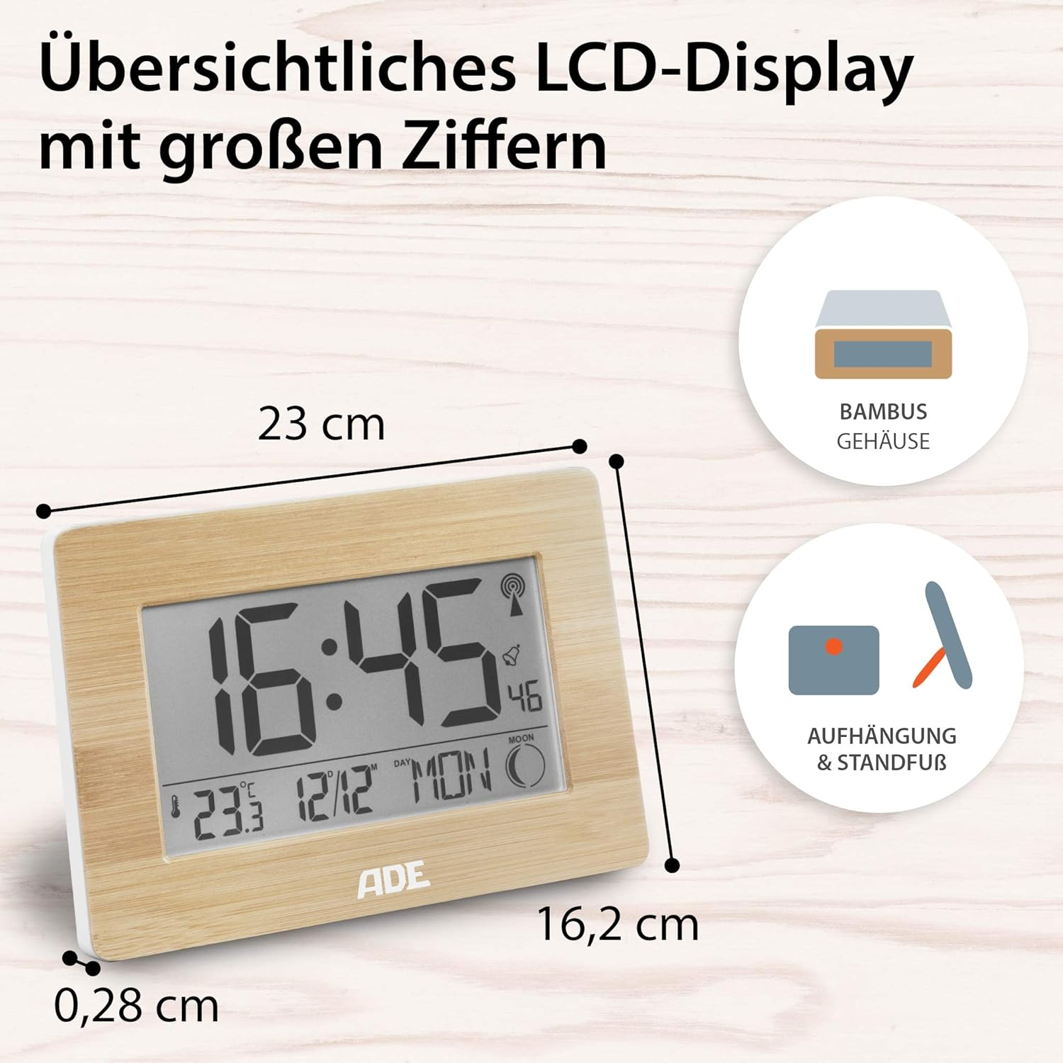 Digitaluhr mit Holzrahmen, mit Abmessungen und Diagrammen der Funktionen.