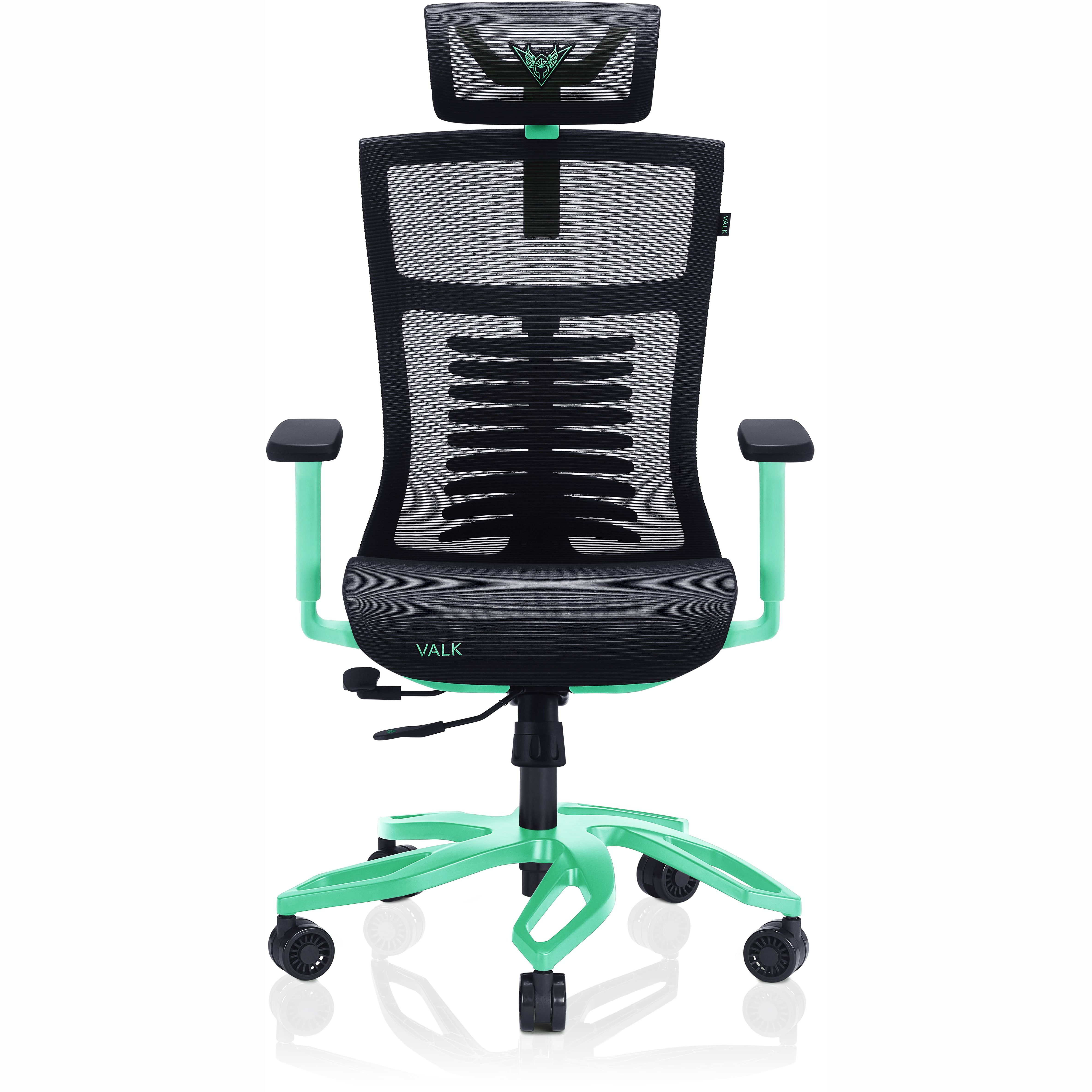 Silla de oficina con respaldo de malla, marco verde menta, asiento negro. Reposacabezas con logo.