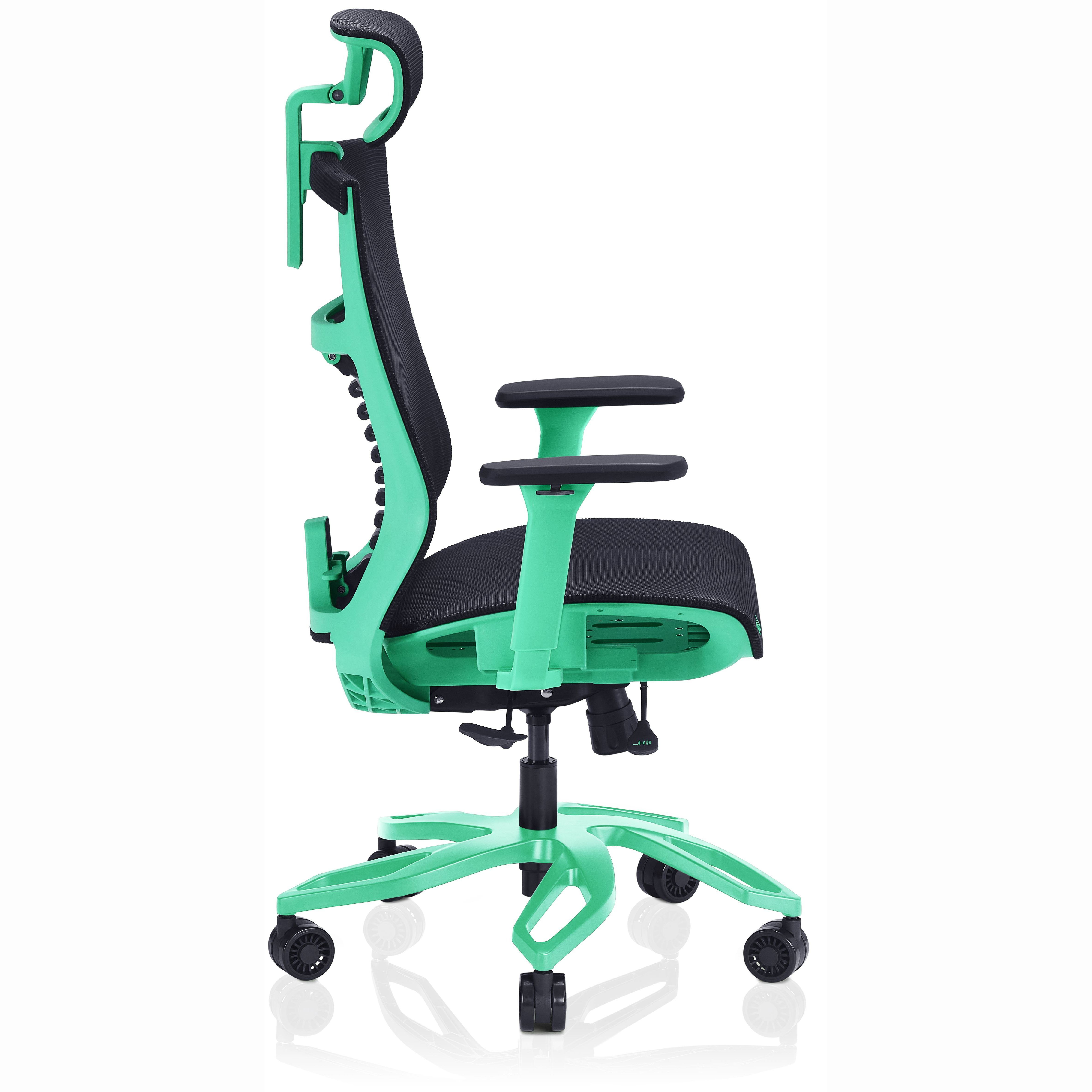 Silla de oficina ergonómica, marco verde menta con respaldo y asiento de malla negra, reposabrazos y base negros.
