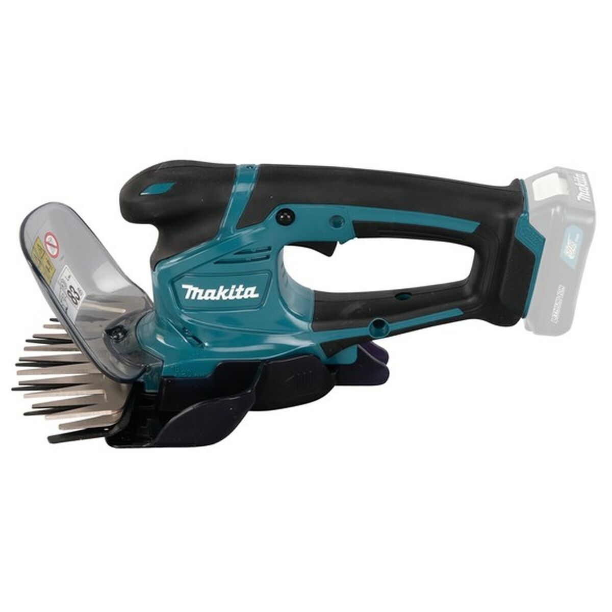 A teal and black Makita hedge trimmer with a battery pack.