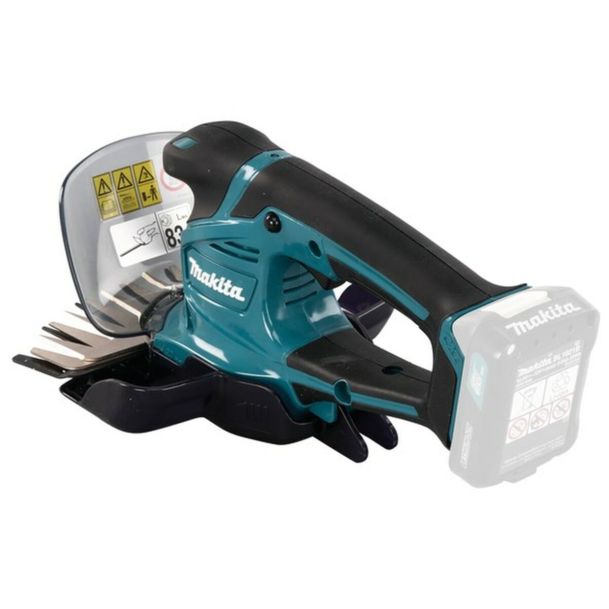 Teal and black hedge trimmer with a black handle and battery.