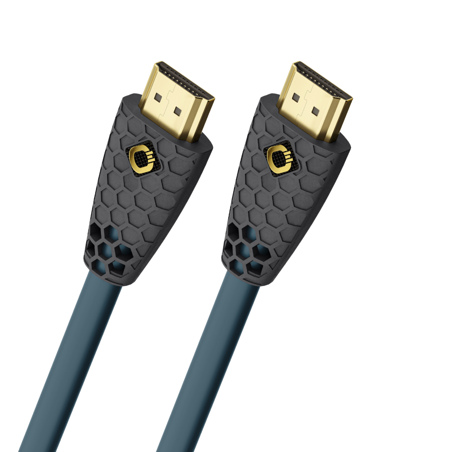 Zwei HDMI-Kabel mit schwarzen und grauen Steckern auf schwarzem Hintergrund. Goldstecker.