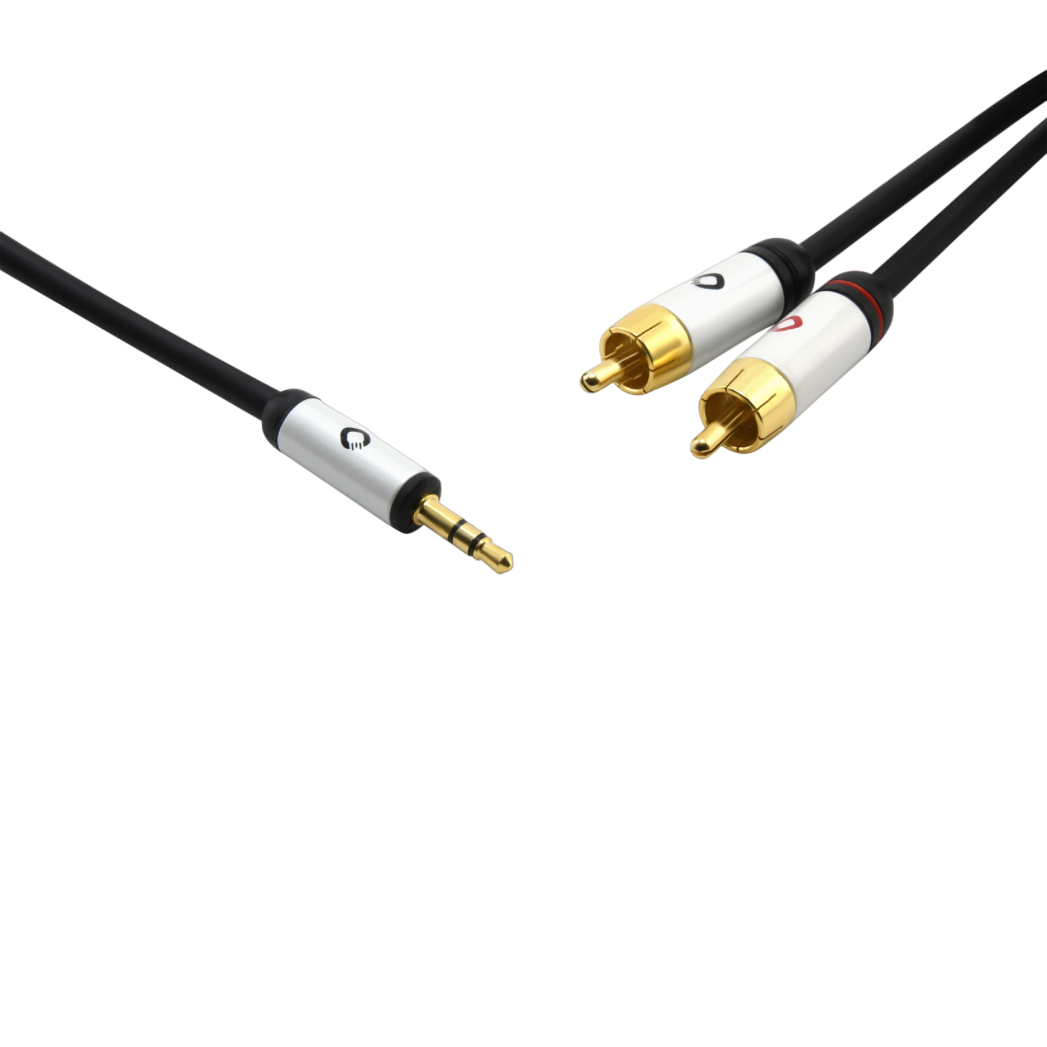 Câbles audio : 3,5 mm vers RCA, câbles noirs avec connecteurs dorés et argentés. Fond noir.