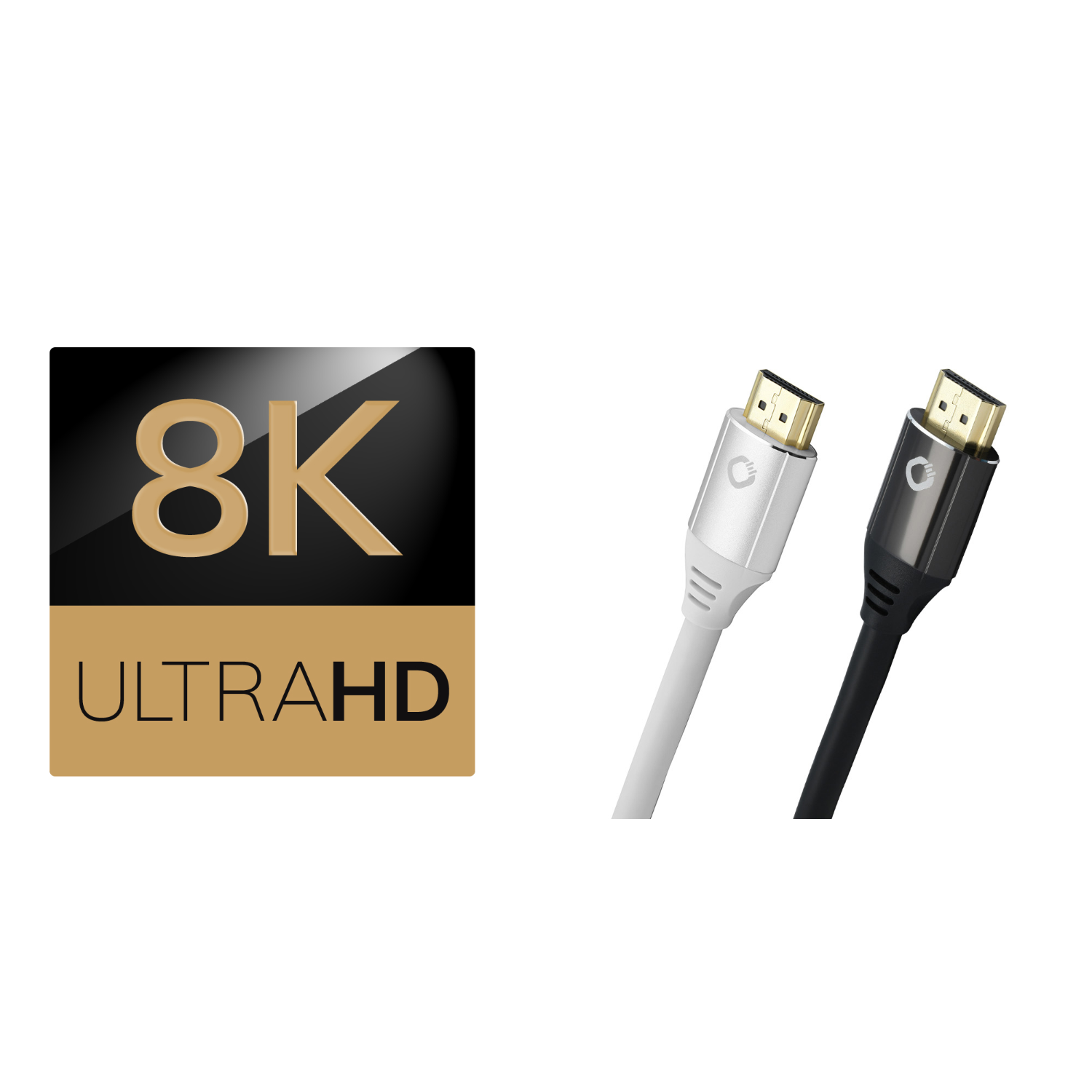 8K Ultra HD Logo neben weißen und schwarzen HDMI-Kabeln auf weißem Hintergrund.