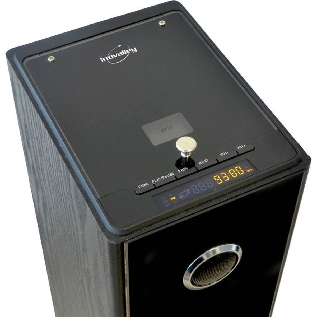 Un altoparlante Inovalley nero con display digitale, pulsanti e una manopola argentata sopra.