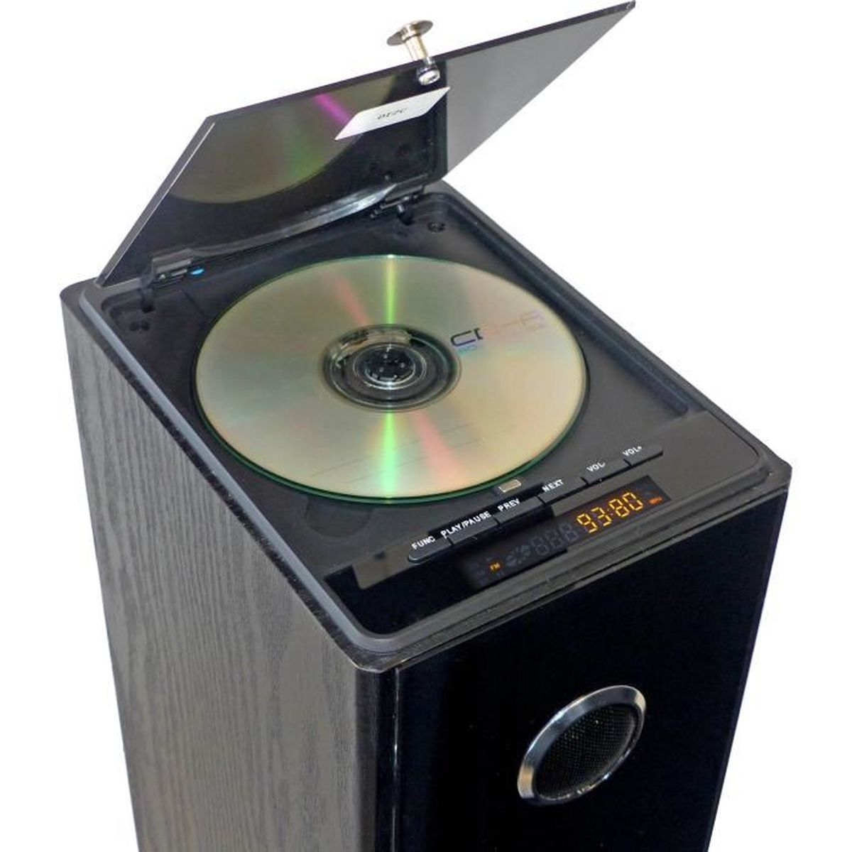 Un lettore CD nero con un CD all'interno, che mostra uno schermo digitale.