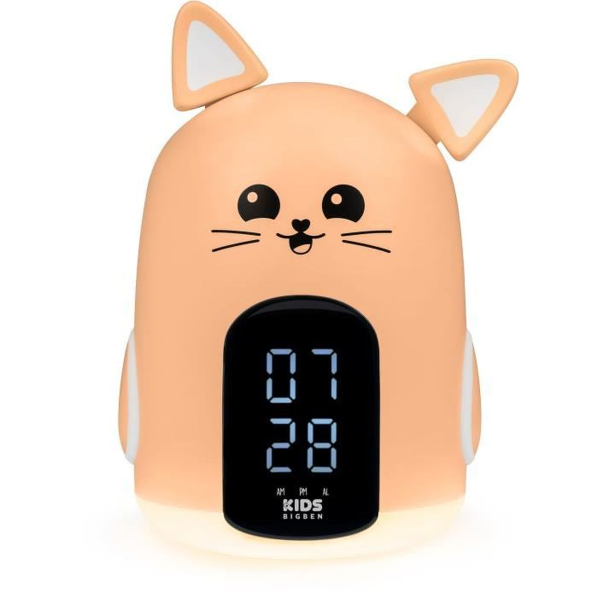 Despertador con forma de gato. Color melocotón con reloj digital negro. Marca Kids Bigben.