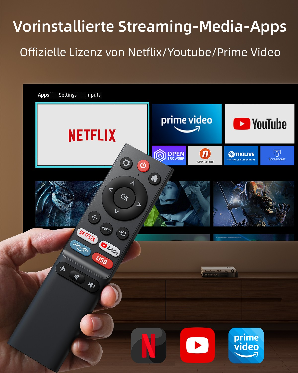 Eine Hand hält eine schwarze Fernbedienung, die einen Fernsehbildschirm mit Streaming-Diensten zeigt.