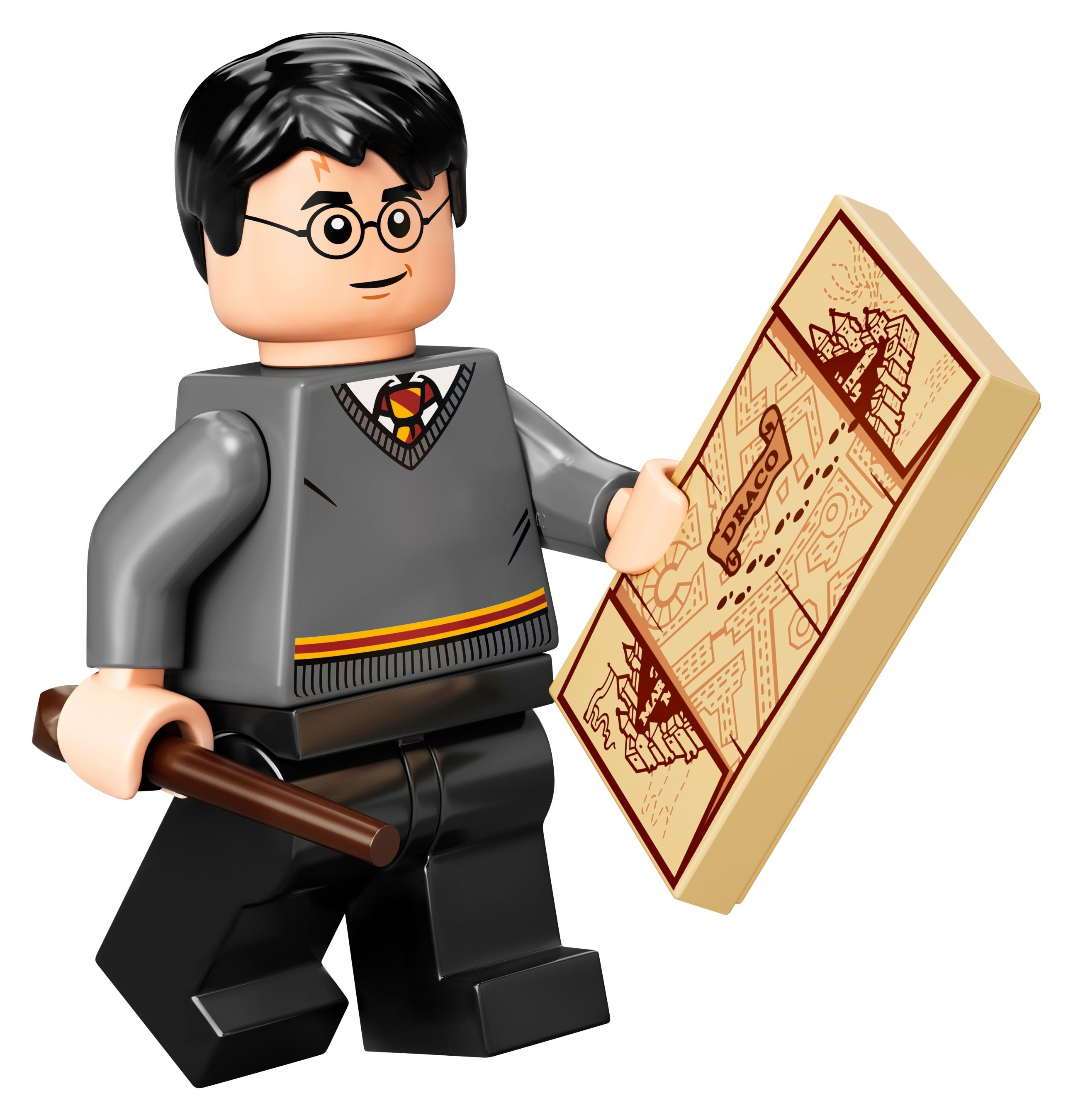 Eine Lego-Figur von Harry Potter, die eine Karte und einen Zauberstab hält und einen grauen Pullover trägt.