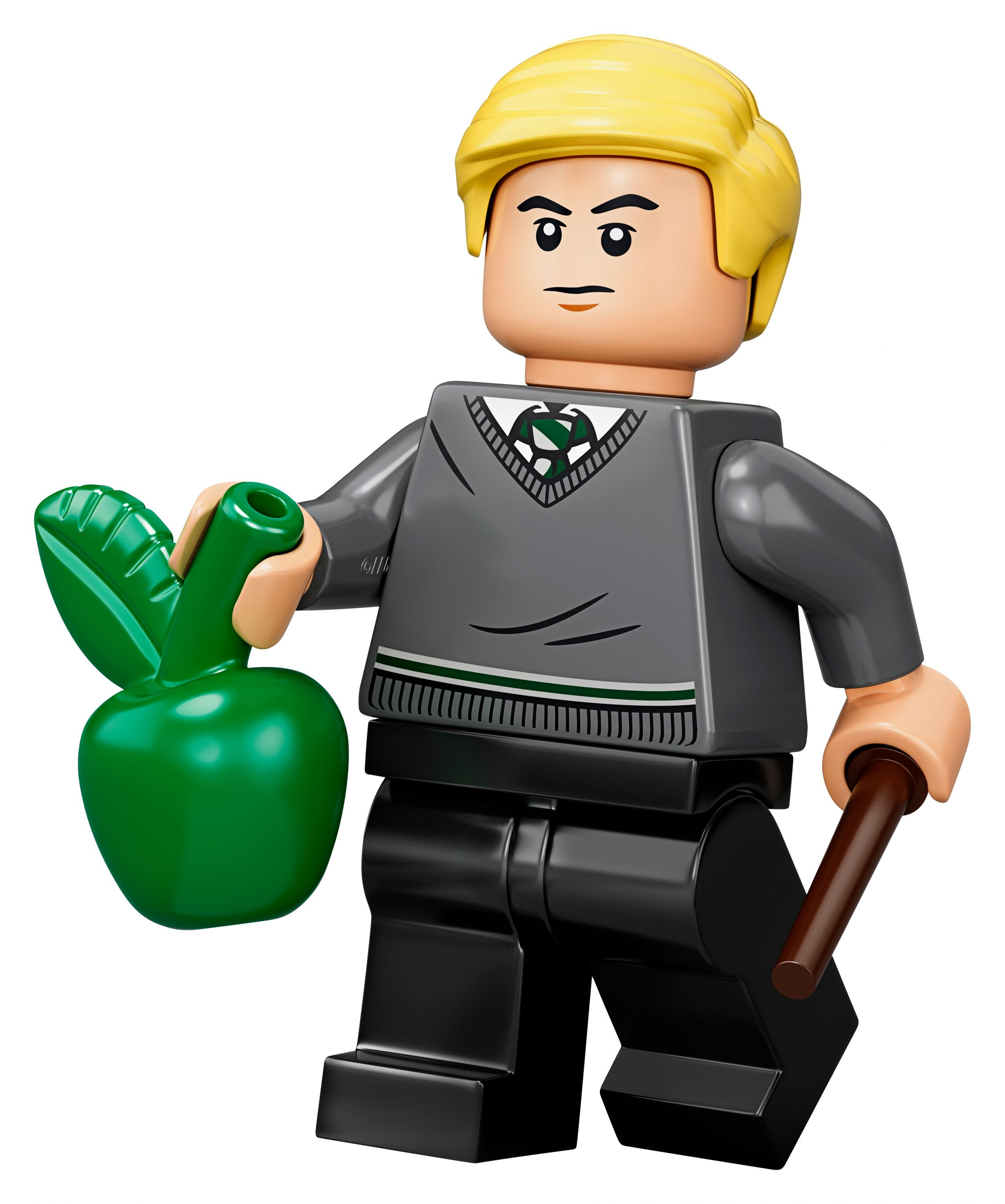 Lego-Figur, Apfel und Zauberstab haltend; gekleidet in Grau und Schwarz.