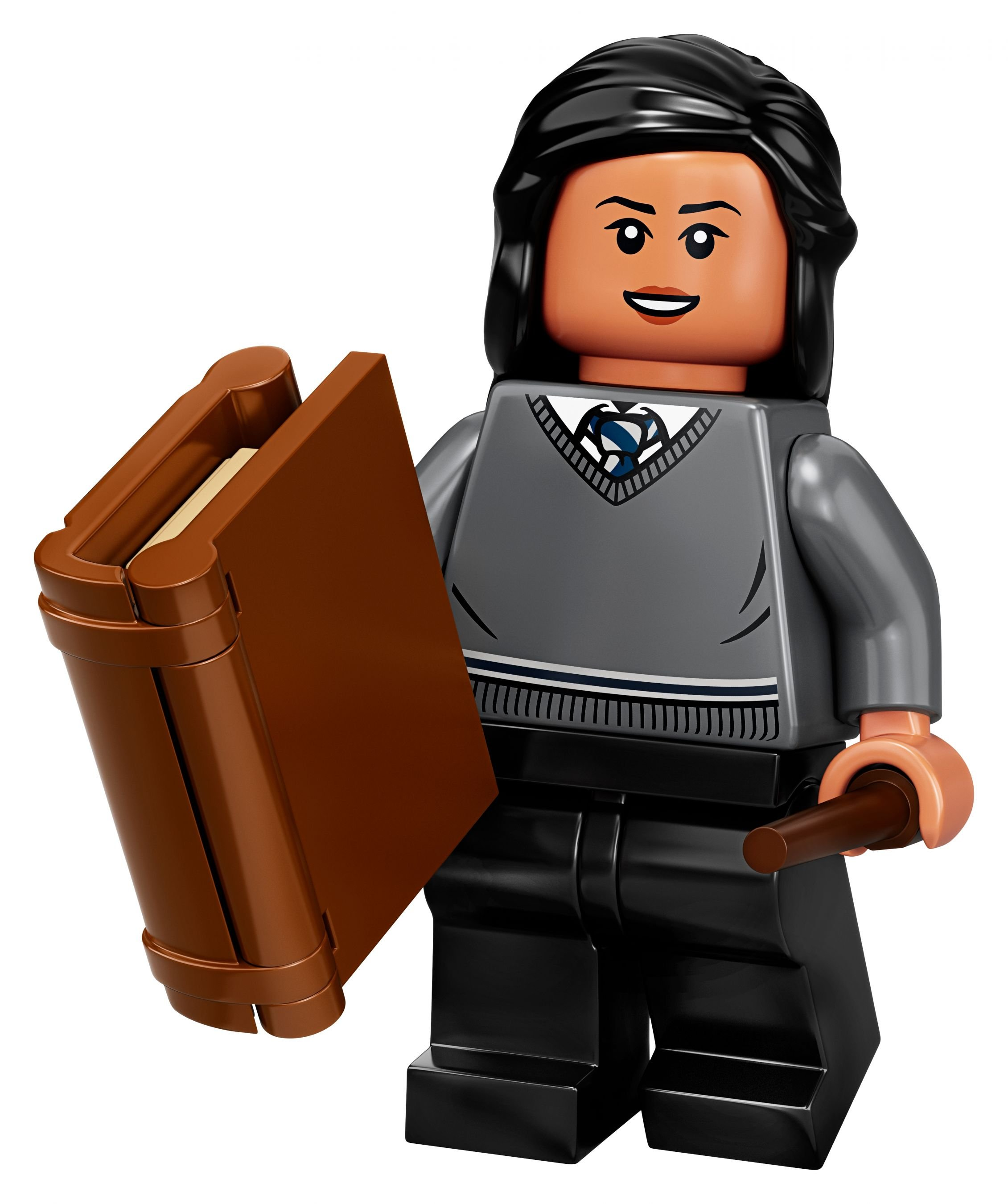 Eine Lego-Figur einer Frau, die ein Buch und einen Zauberstab hält. Sie trägt einen grauen Pullover.