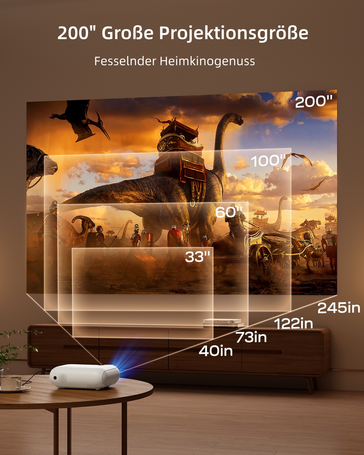 Projektor zeigt verschiedene Bildschirmgrößen: 200", 100", 60", 33". Bild zeigt Dinosaurier.