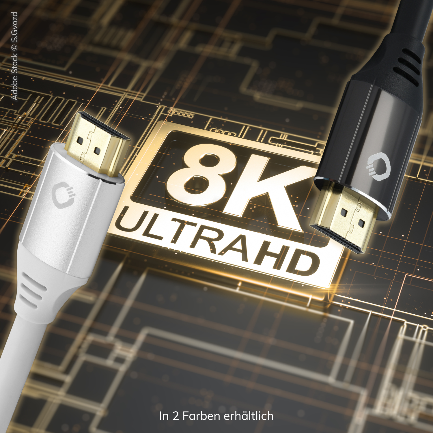 Zwei HDMI-Kabel, eines silbernes und eines schwarzes, mit einem 8K Ultra HD Logo im Hintergrund.