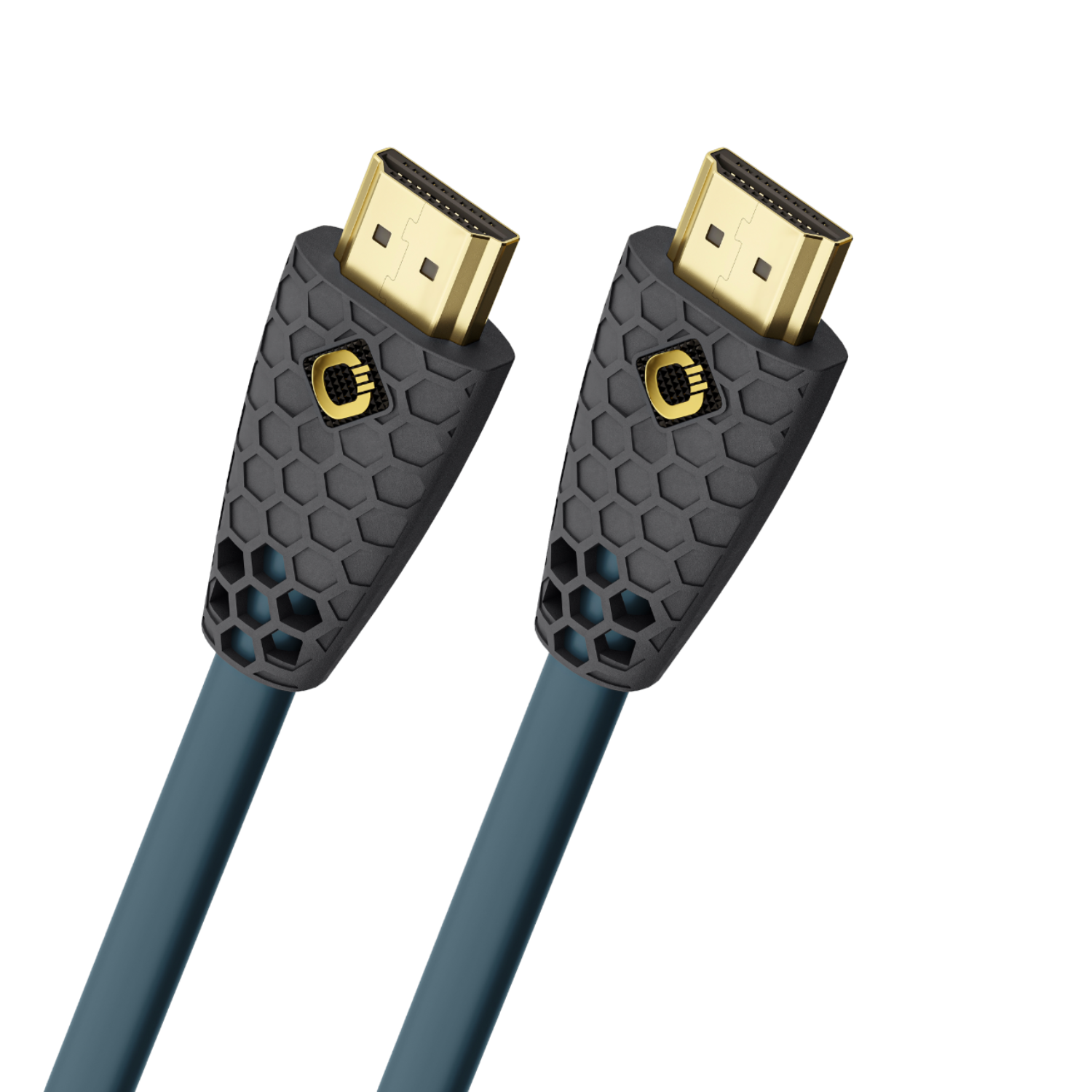 Zwei HDMI-Kabel mit Goldsteckern und dunkelgrauem Wabenmuster auf einem blauen Kabel.