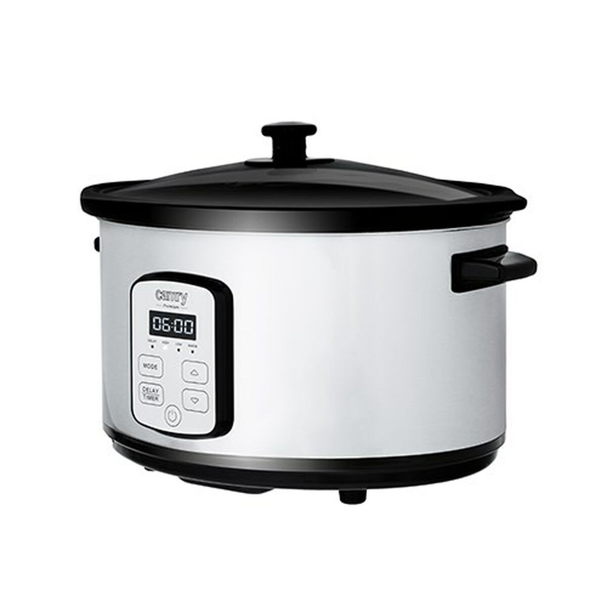 Weißer und schwarzer Slow Cooker mit digitalem Display. Der Deckel ist schwarz.