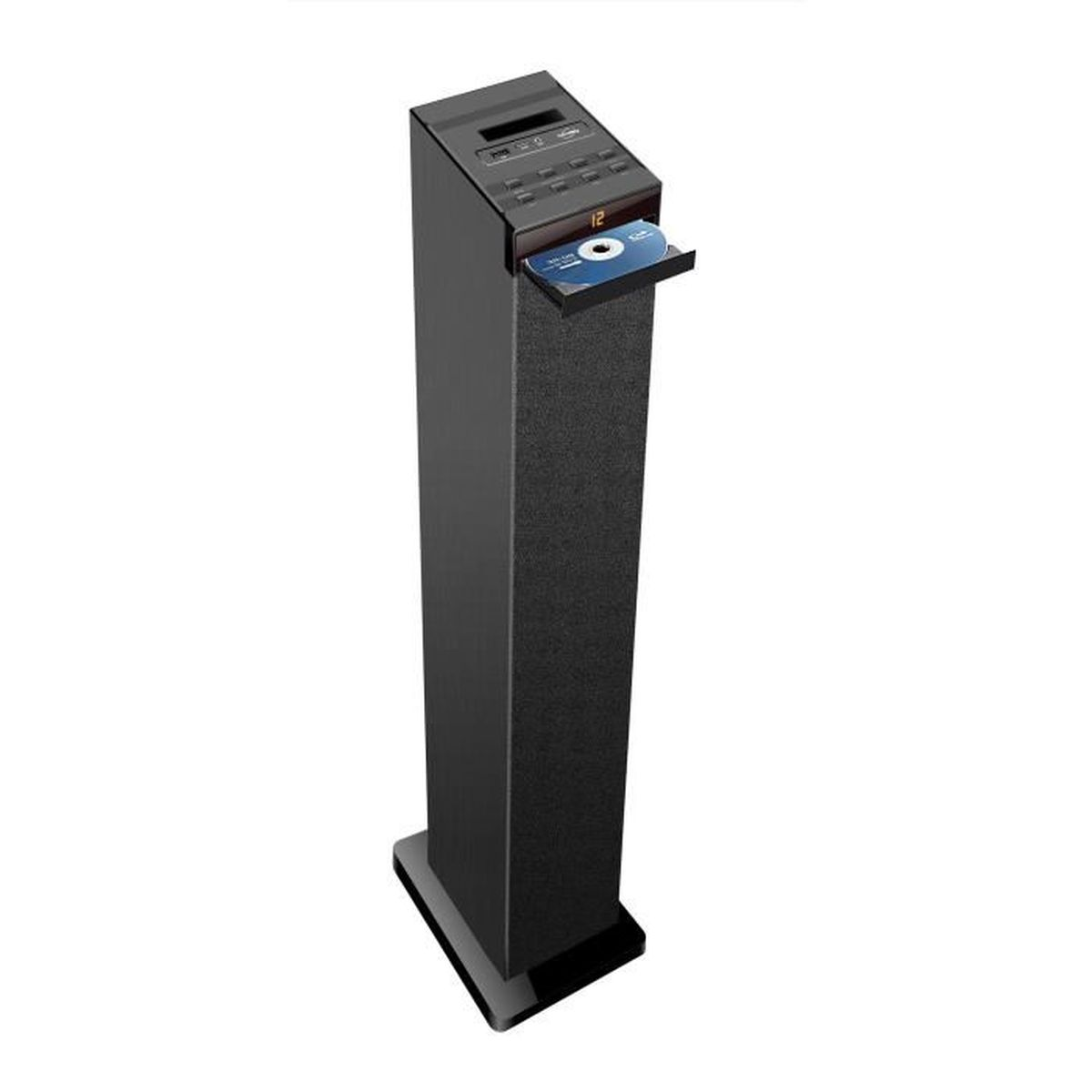 Torre audio nera con lettore CD e fessura per disco, su sfondo bianco.