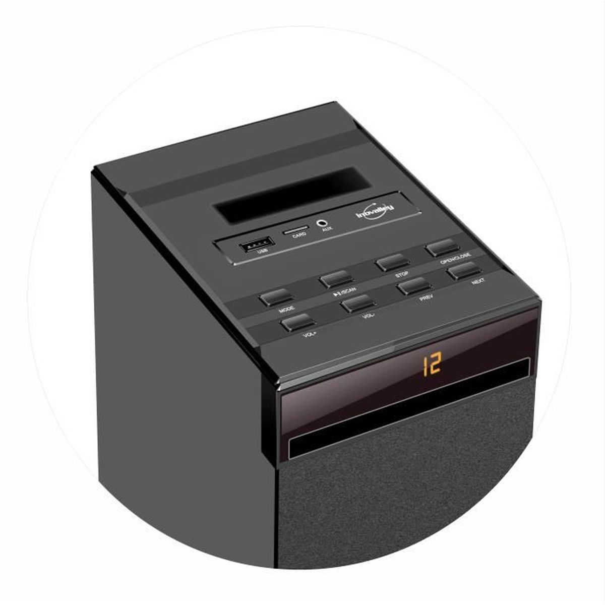 Altoparlante nero con display digitale che mostra '12'. Pulsanti per varie funzioni e ingressi USB.