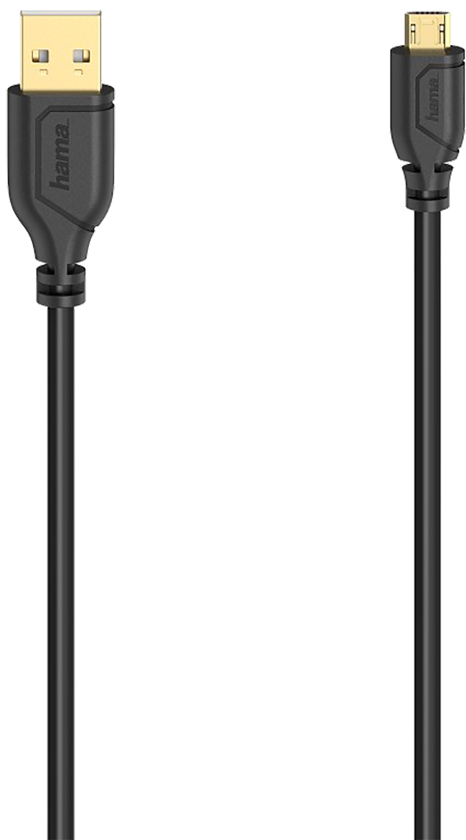 Un cavo USB a micro USB nero, connettore USB dorato.