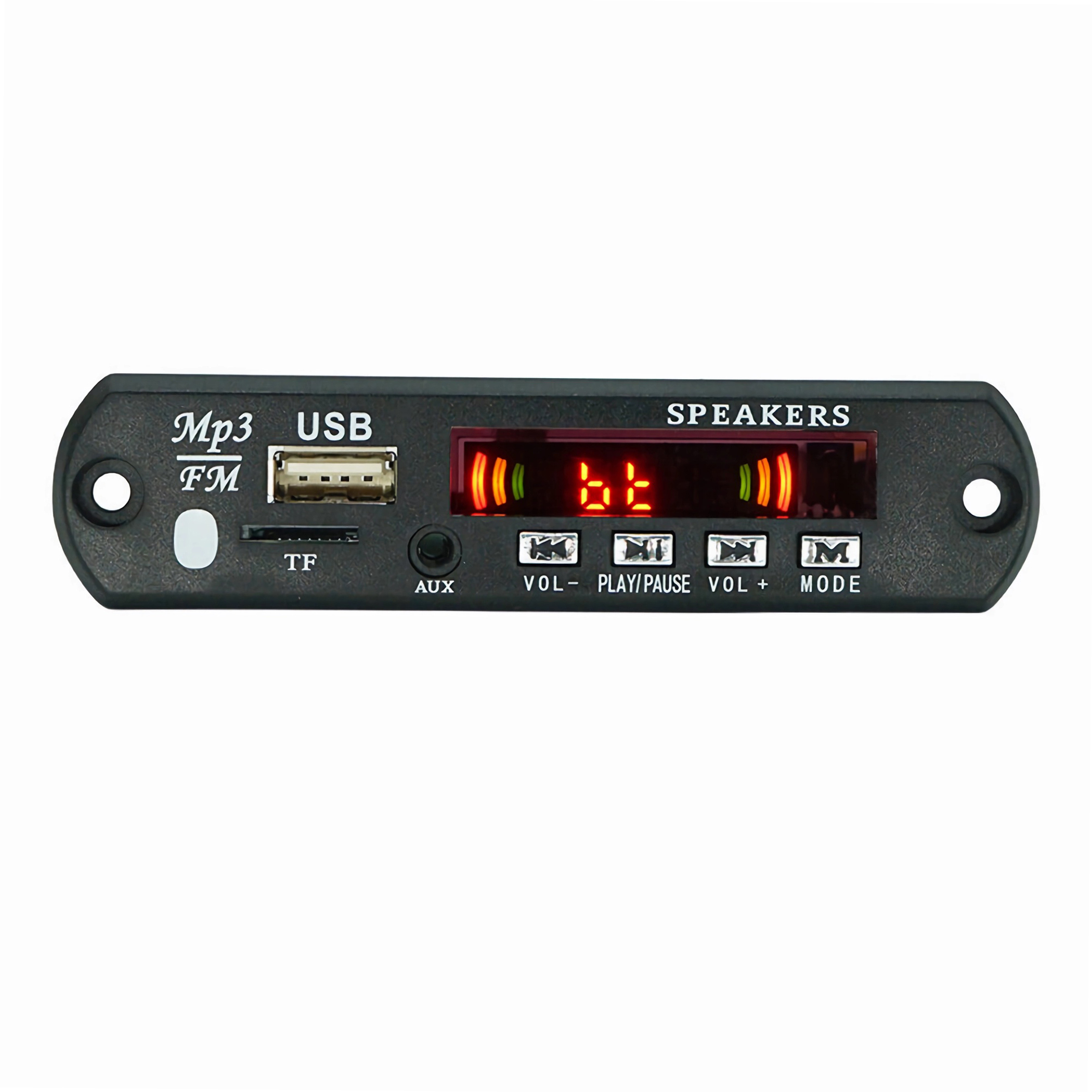 Schwarzes Audioplayer-Panel mit USB, AUX, FM und Display für Lautsprecheranschluss.