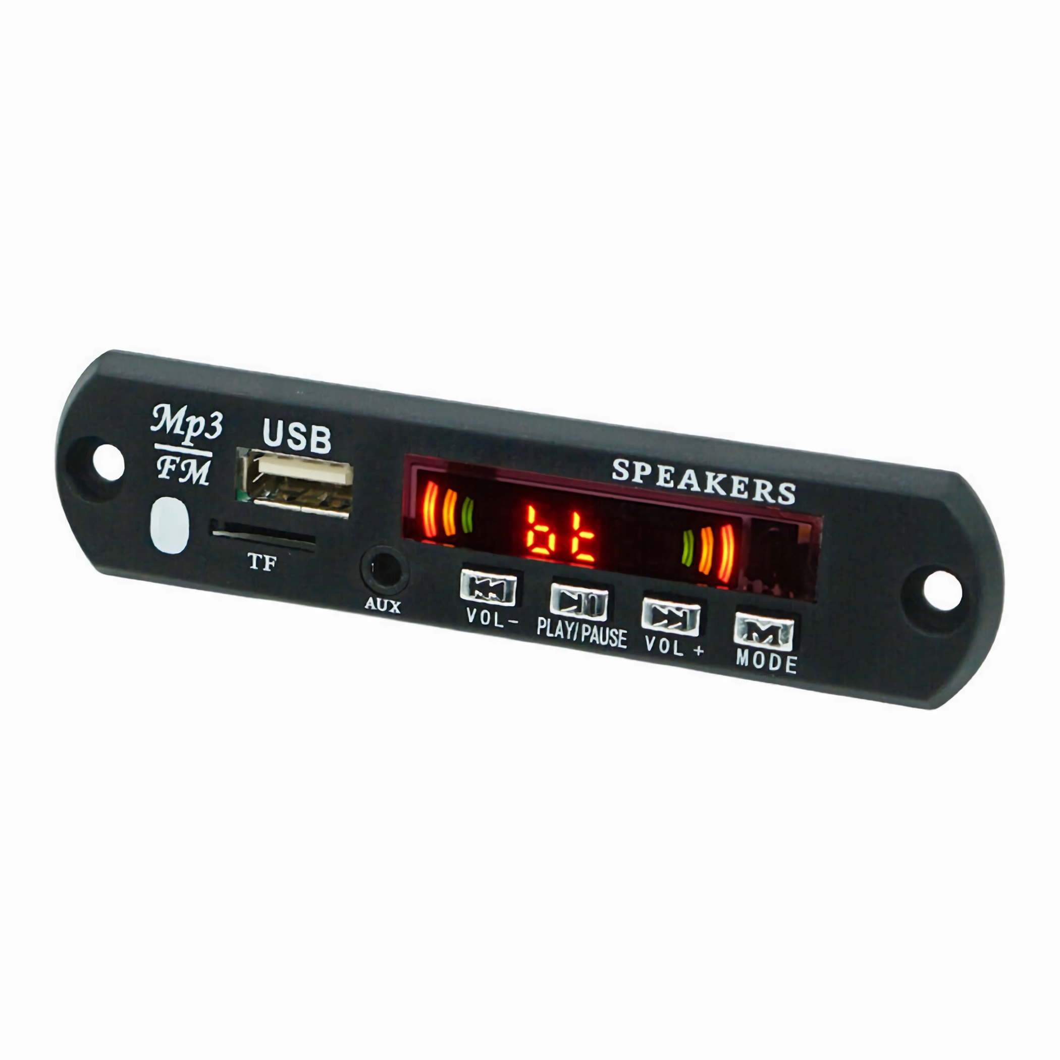 Schwarzer MP3-Player mit USB, TF, AUX und Steuertasten. Rote Digitalanzeige.