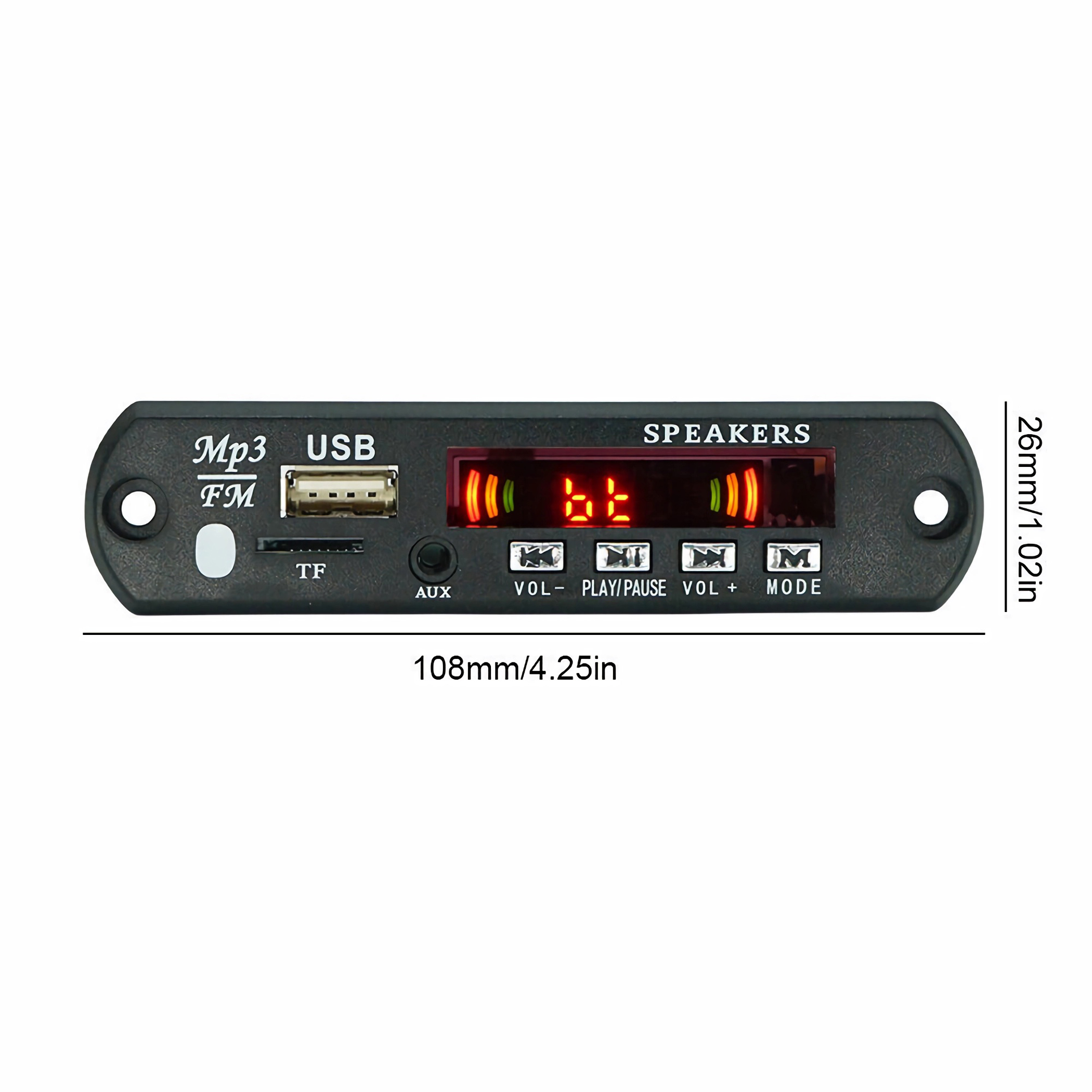 Schwarze Audiokomponente mit Display, Tasten und Anschlüssen für USB, TF und AUX.