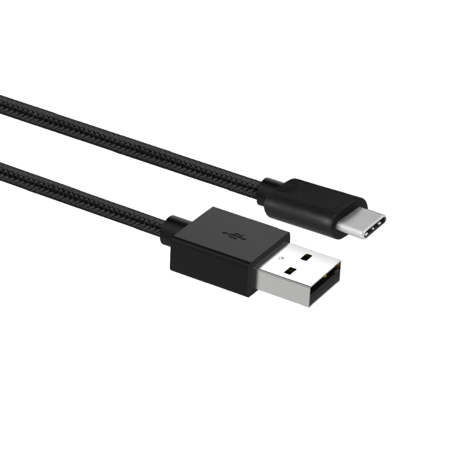 Een zwarte USB naar USB-C kabel op een zwarte achtergrond. De kabel heeft twee connectoren.