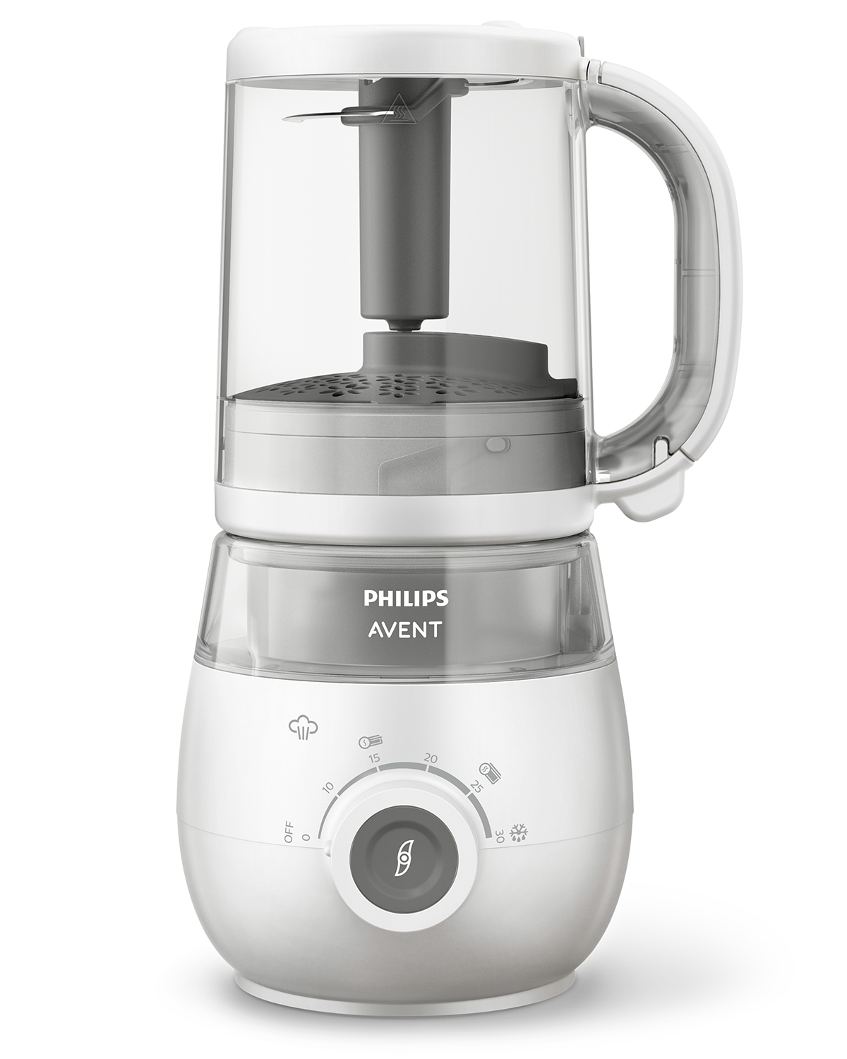 Weiß-grauer Philips Avent Babynahrungszubereiter mit durchsichtigem Behälter.