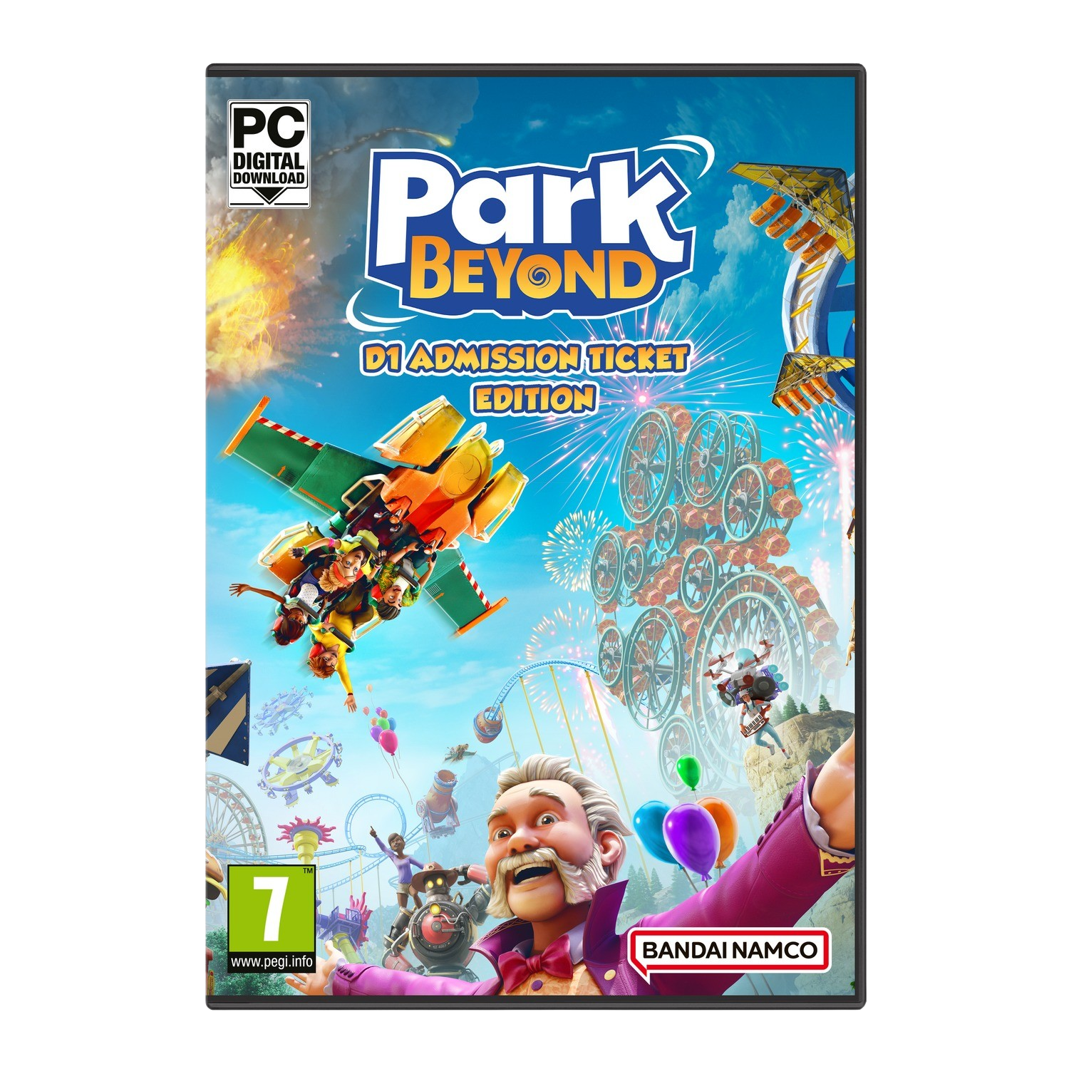 Grafika pudełka gry Park Beyond z kolorową grafiką i postaciami, fajerwerki w tle.