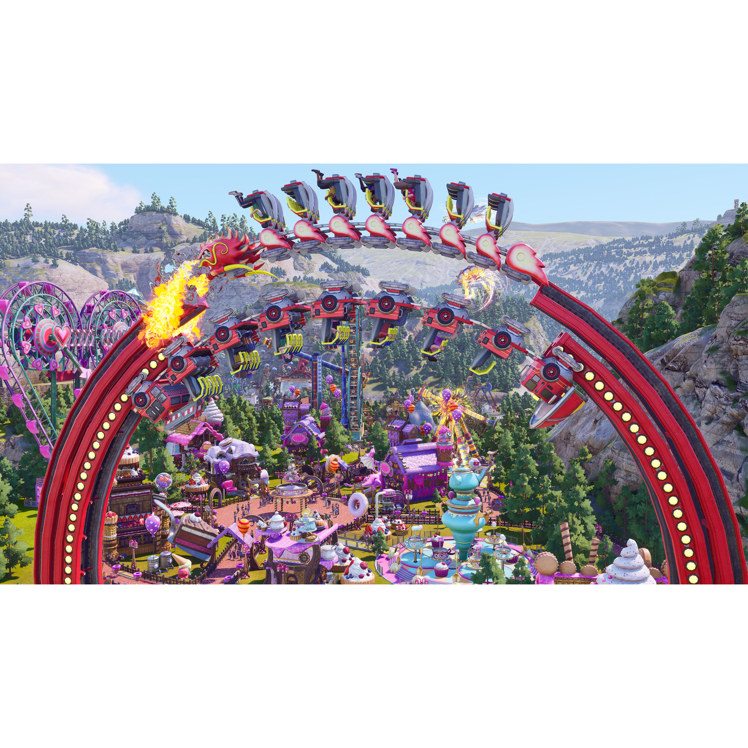 Park rozrywki z kolejką górską. Kolejka górska jest czerwona, a park ma kolorowe konstrukcje.