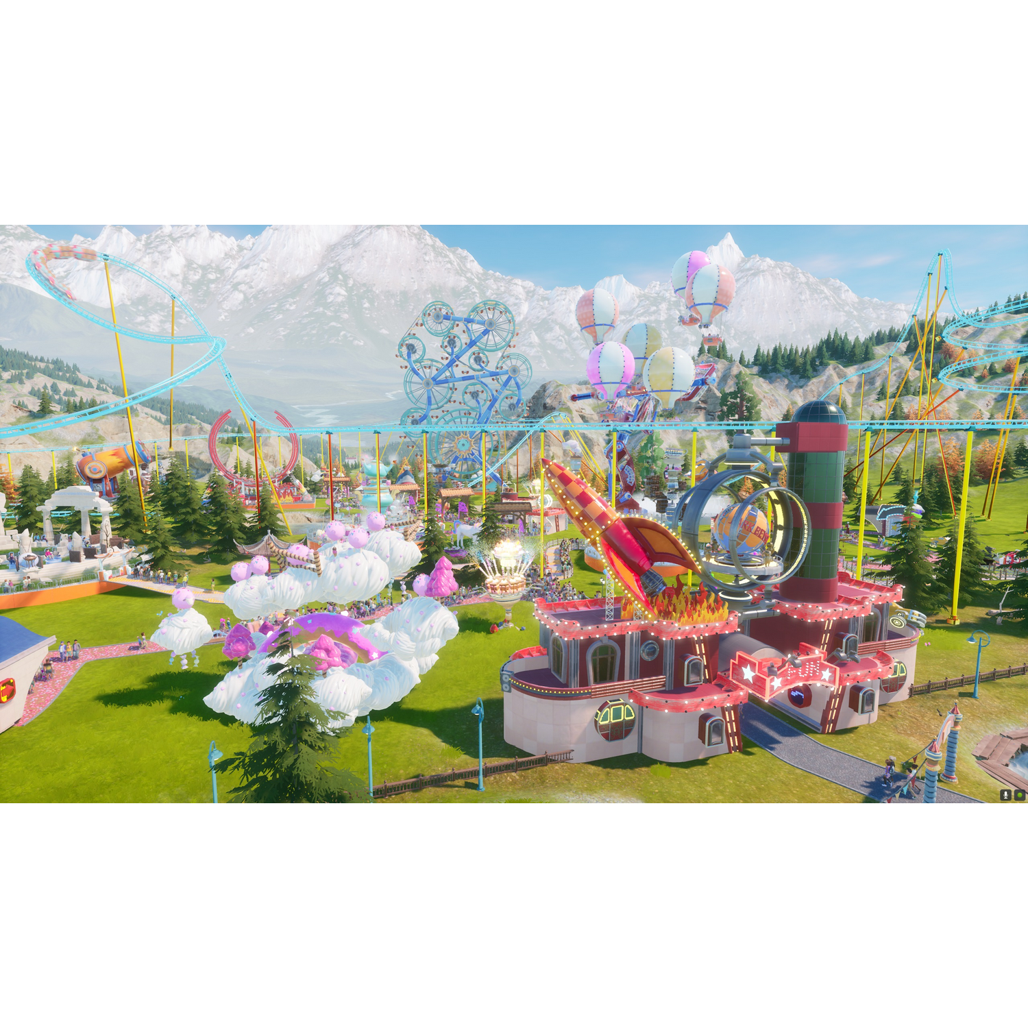 Kolorowa scena parku rozrywki z kolejkami górskimi, przejażdżkami i różnymi atrakcjami.