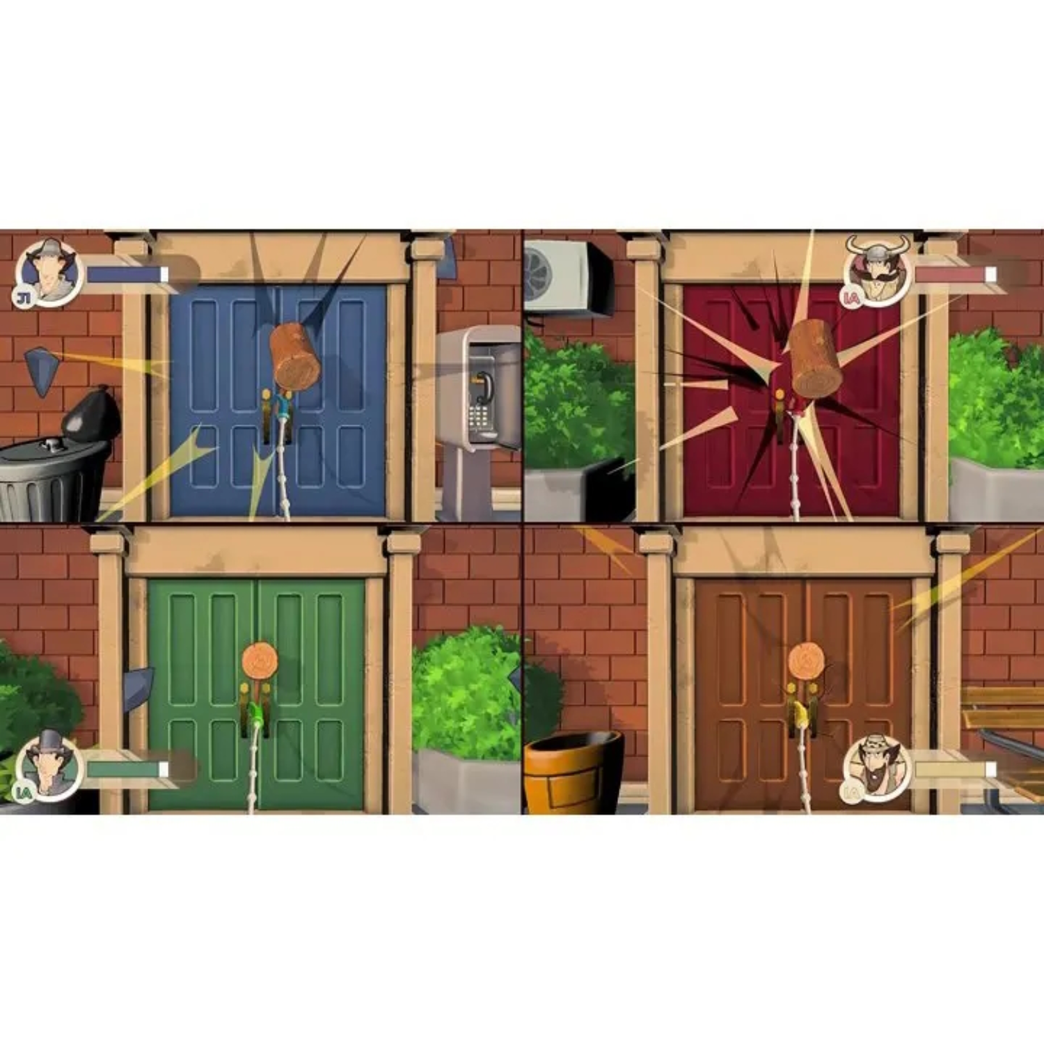 Schermo di gioco a quattro pannelli. Ogni pannello: porta, personaggio e barra della salute. Stile fumetto. Porte marroni, blu, verdi, rosse.