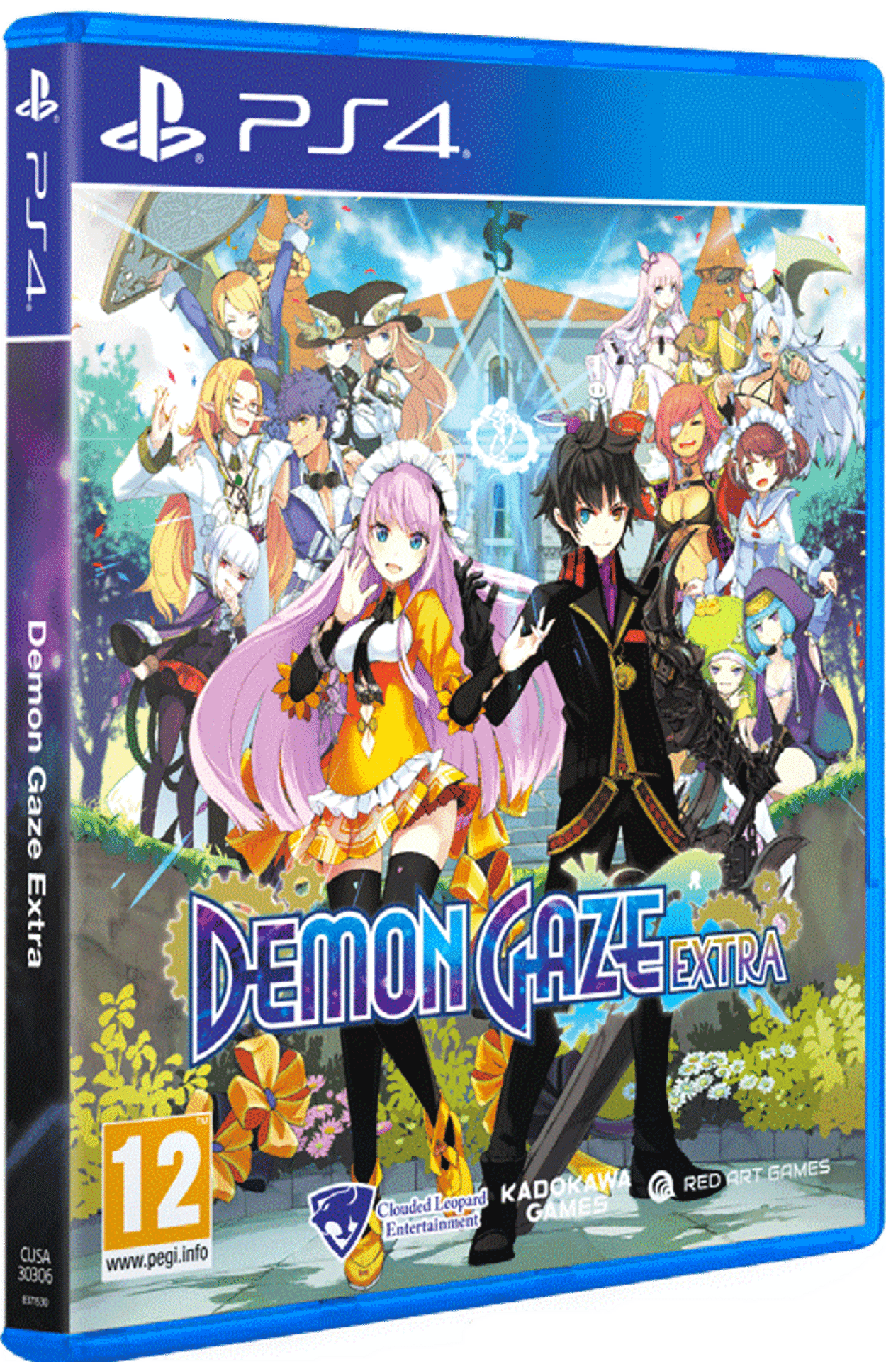 Scatola del gioco PS4 di "Demon Gaze Extra" con personaggi anime, scatola blu.