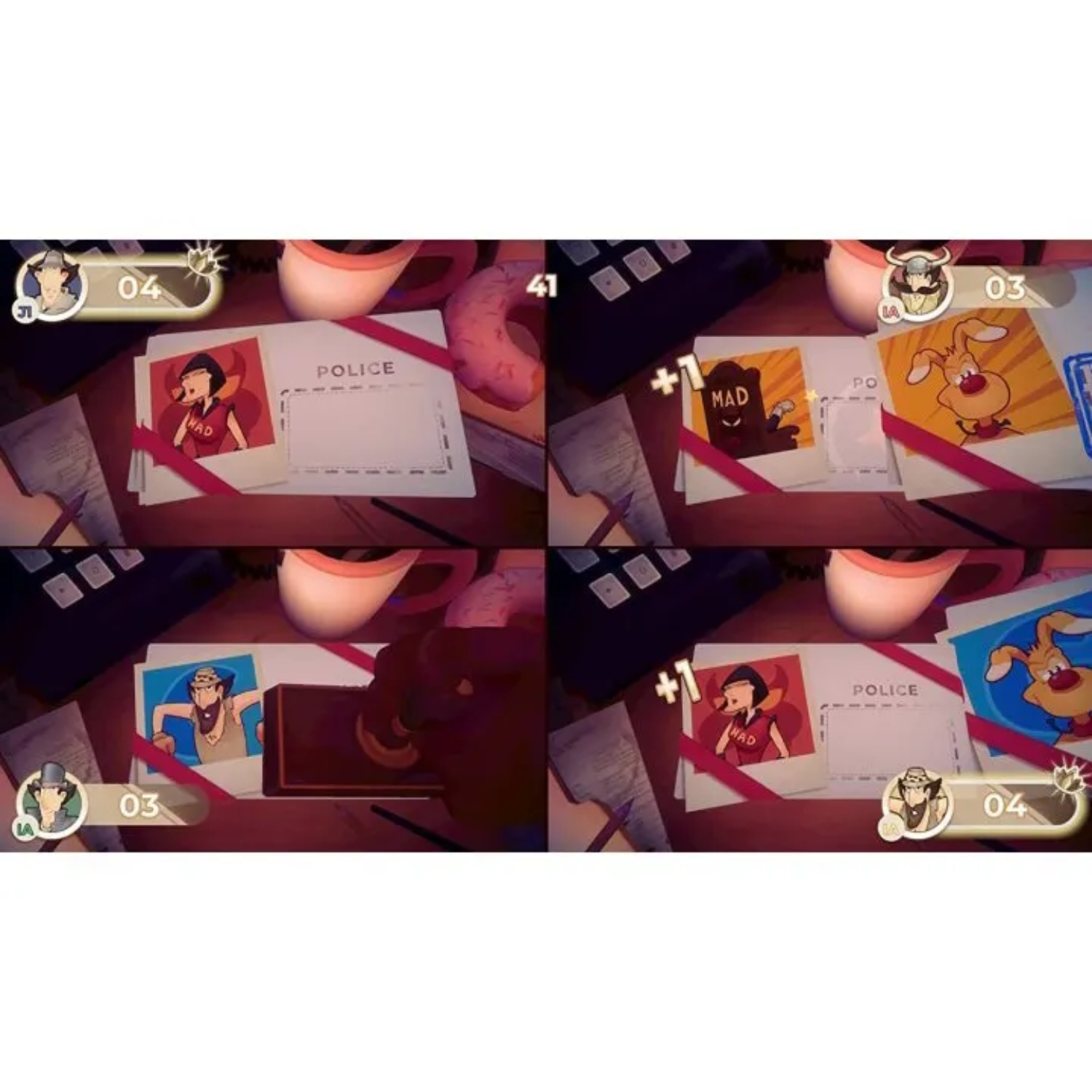 Cztery zrzuty ekranu z gry z postaciami z kreskówek i elementami gry.